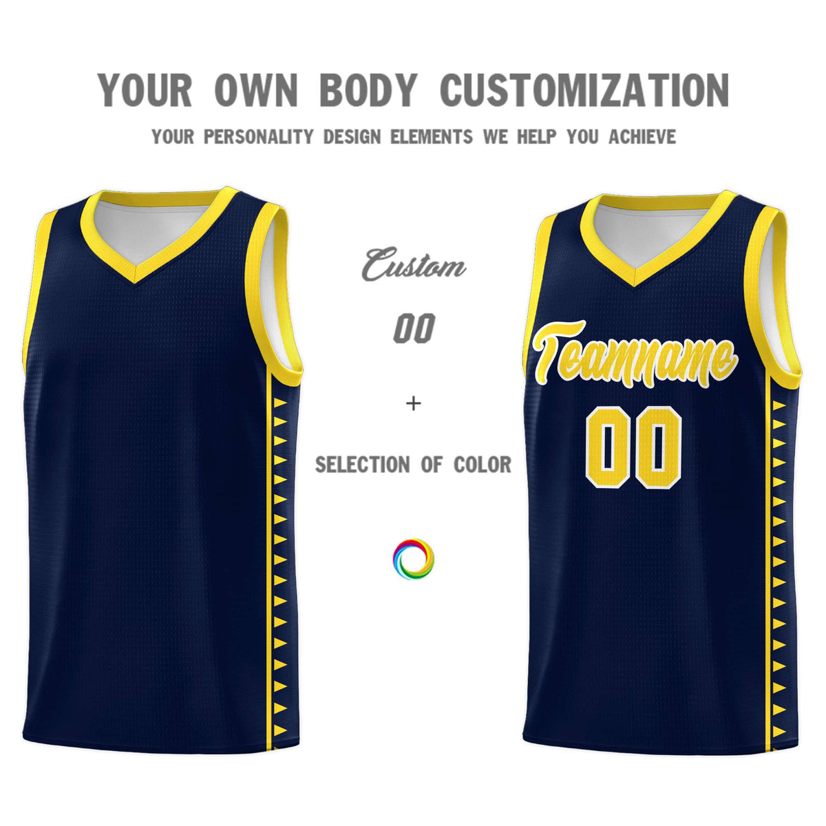 Custom Navy Gold Basketball Kits With Side Zigzag Pattern