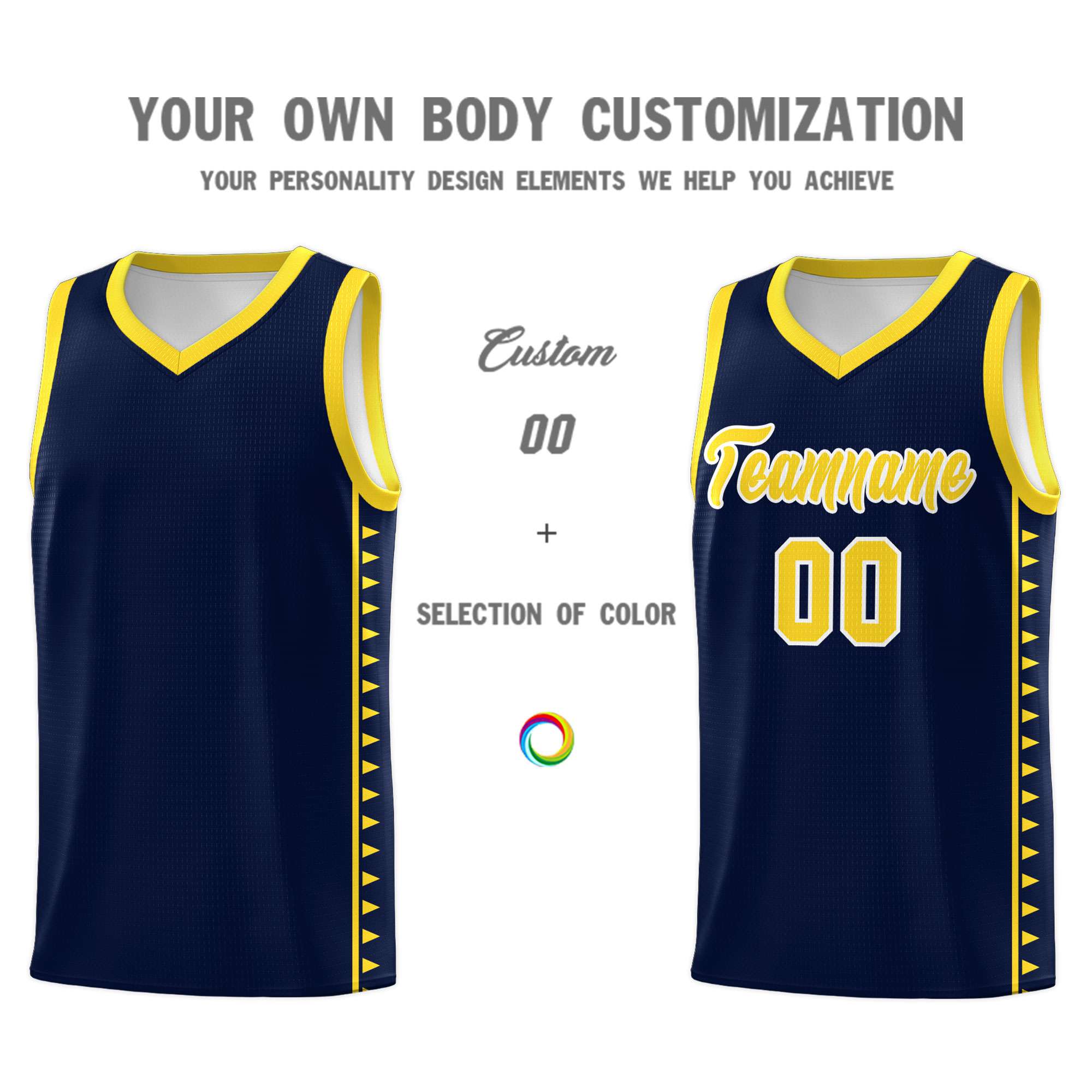 Custom Navy Gold Basketball Kits With Side Zigzag Pattern