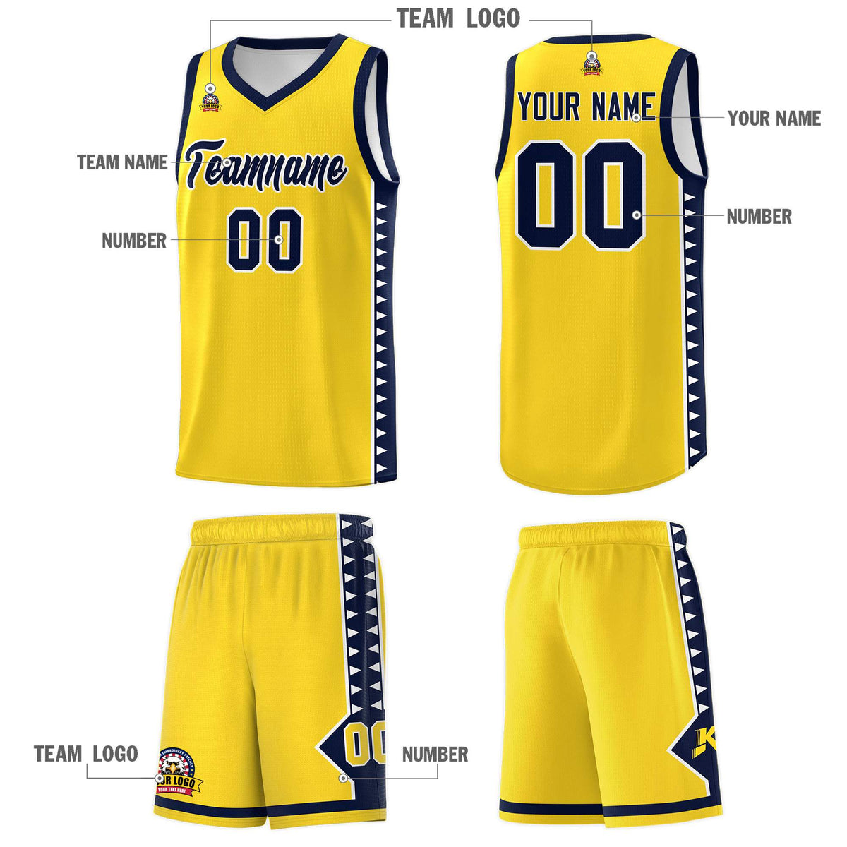 Custom Gold Navy Basketball Kits With Side Zigzag Pattern