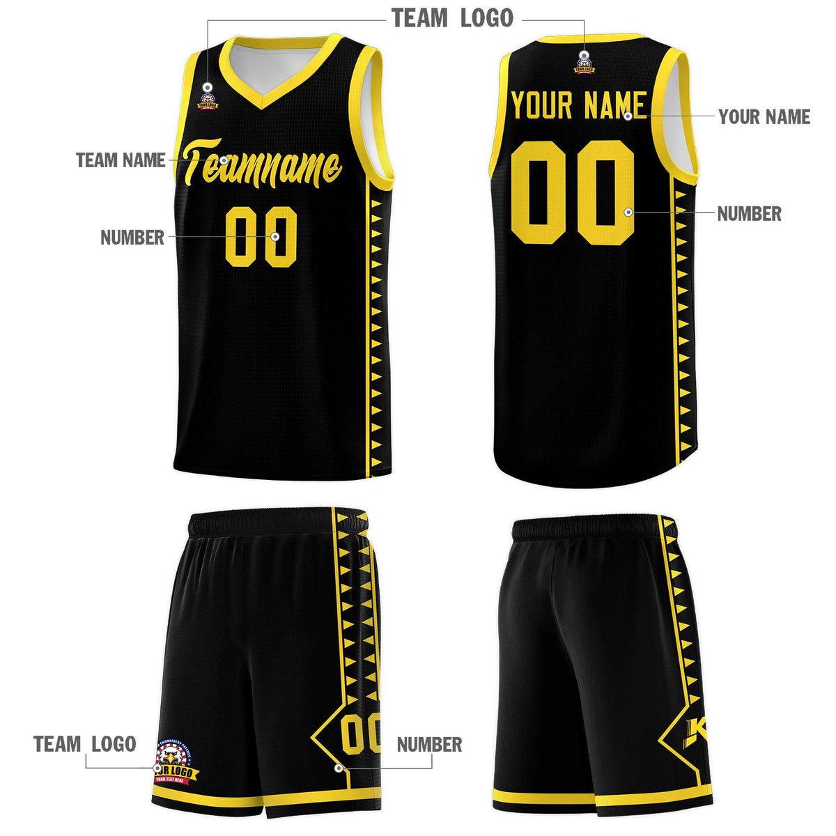 Custom Black Gold Basketball Kits With Side Zigzag Pattern