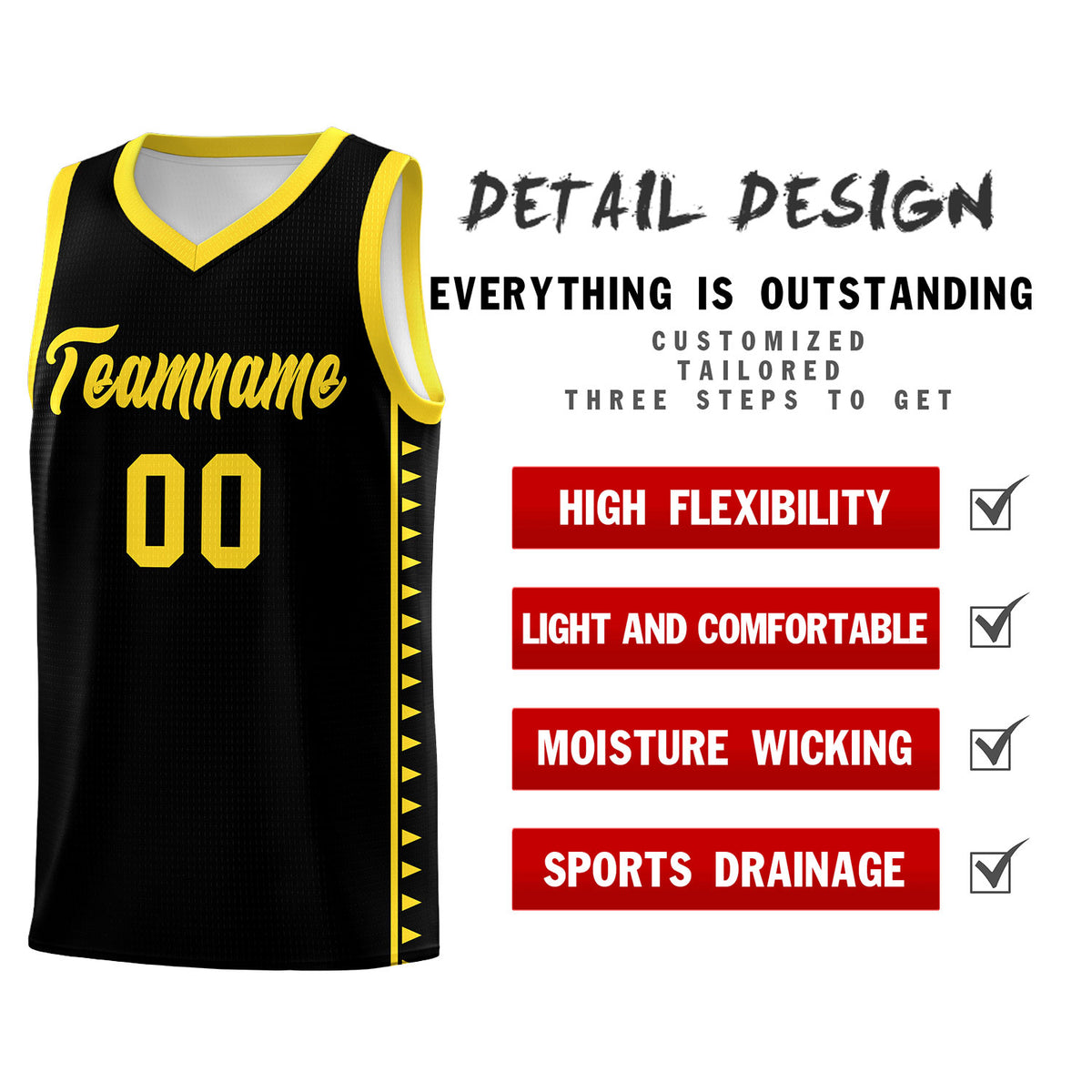 Custom Black Gold Basketball Kits With Side Zigzag Pattern
