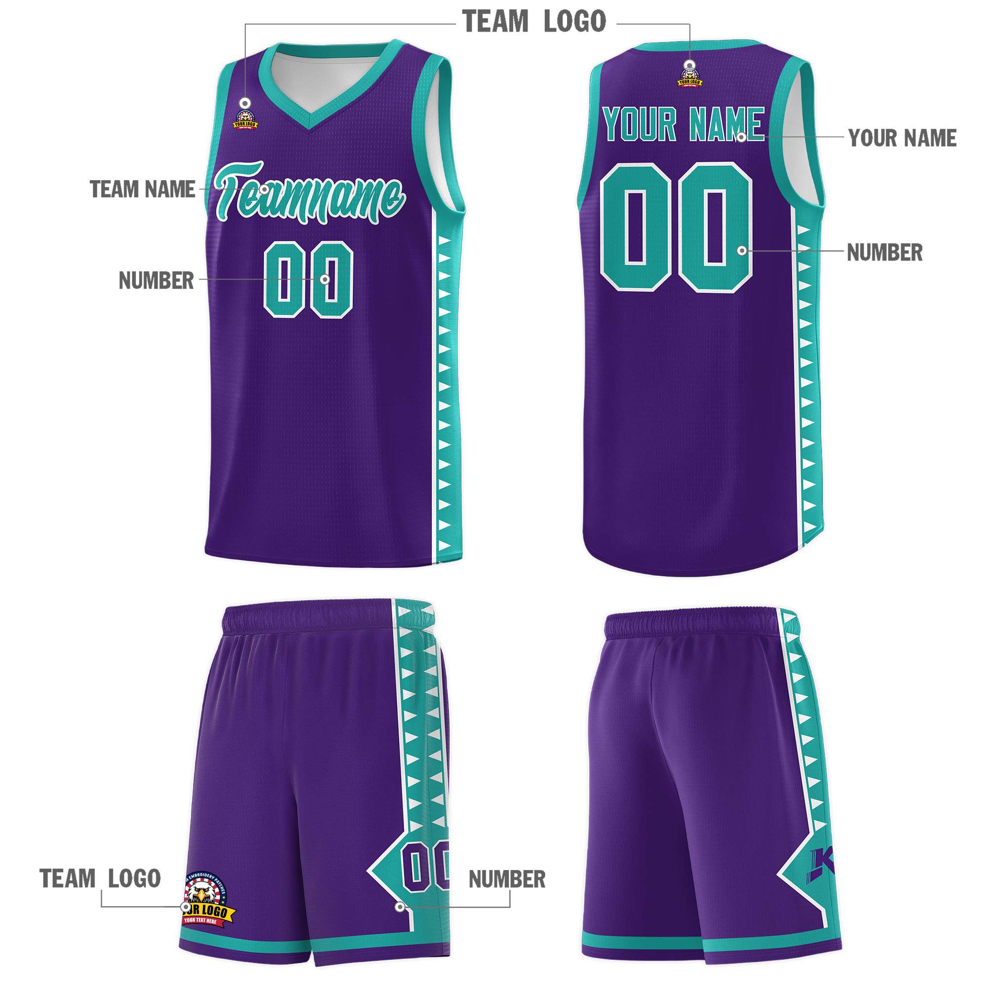 Custom Purple Aqua Basketball Kits With Side Zigzag Pattern