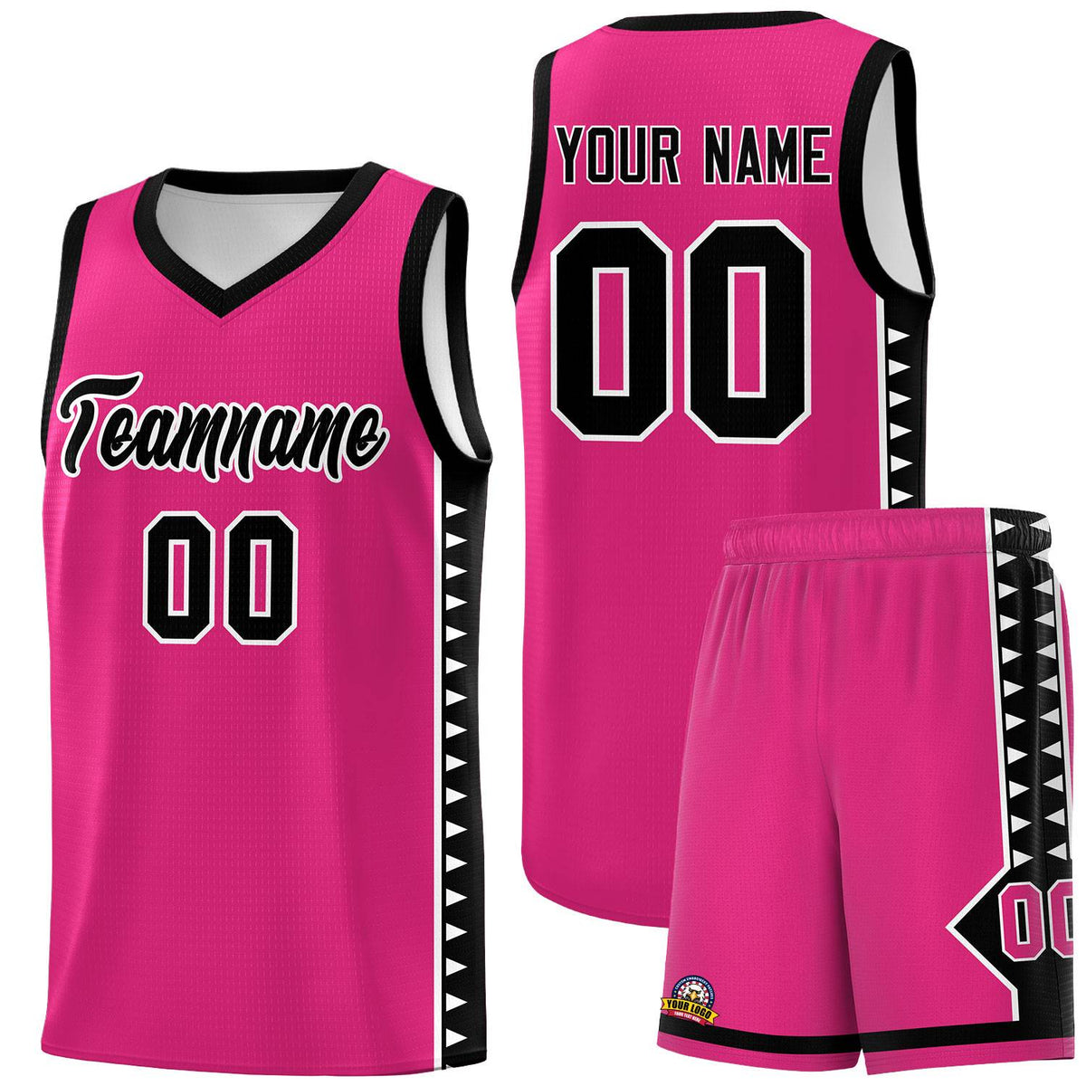 Custom Rose Red Black Basketball Kits With Side Zigzag Pattern