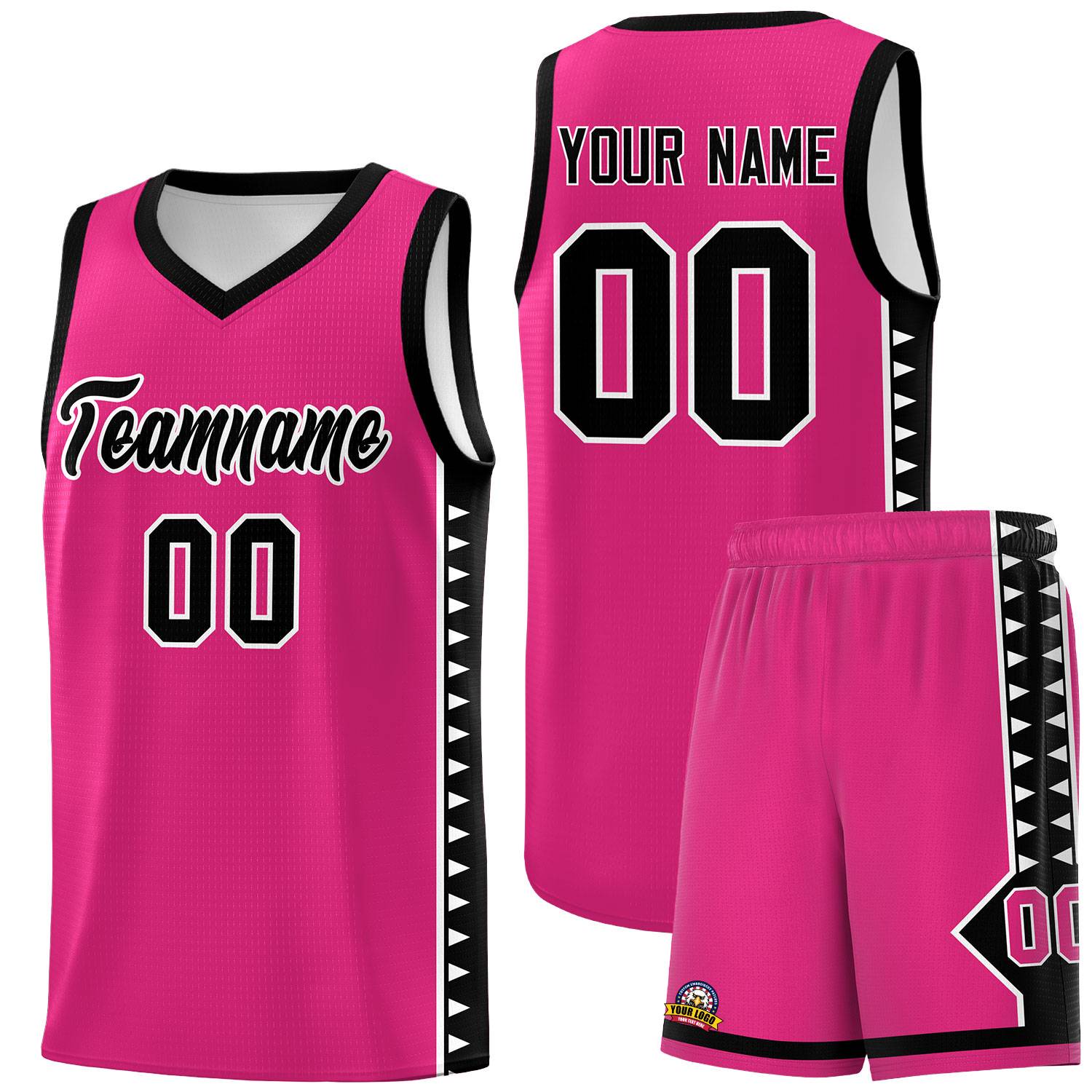 Custom Rose Red Black Basketball Kits With Side Zigzag Pattern