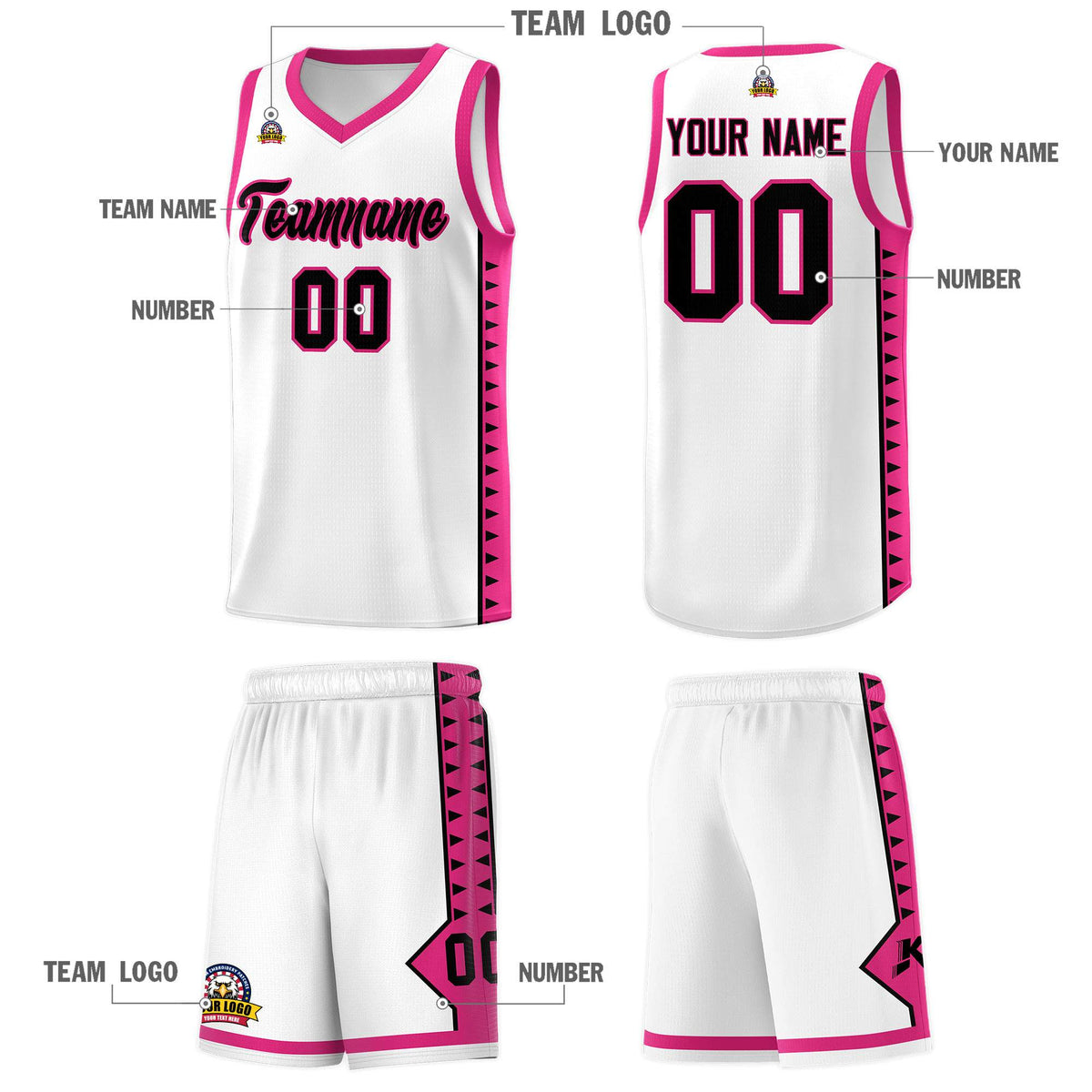 Custom White Rose Red Basketball Kits With Side Zigzag Pattern