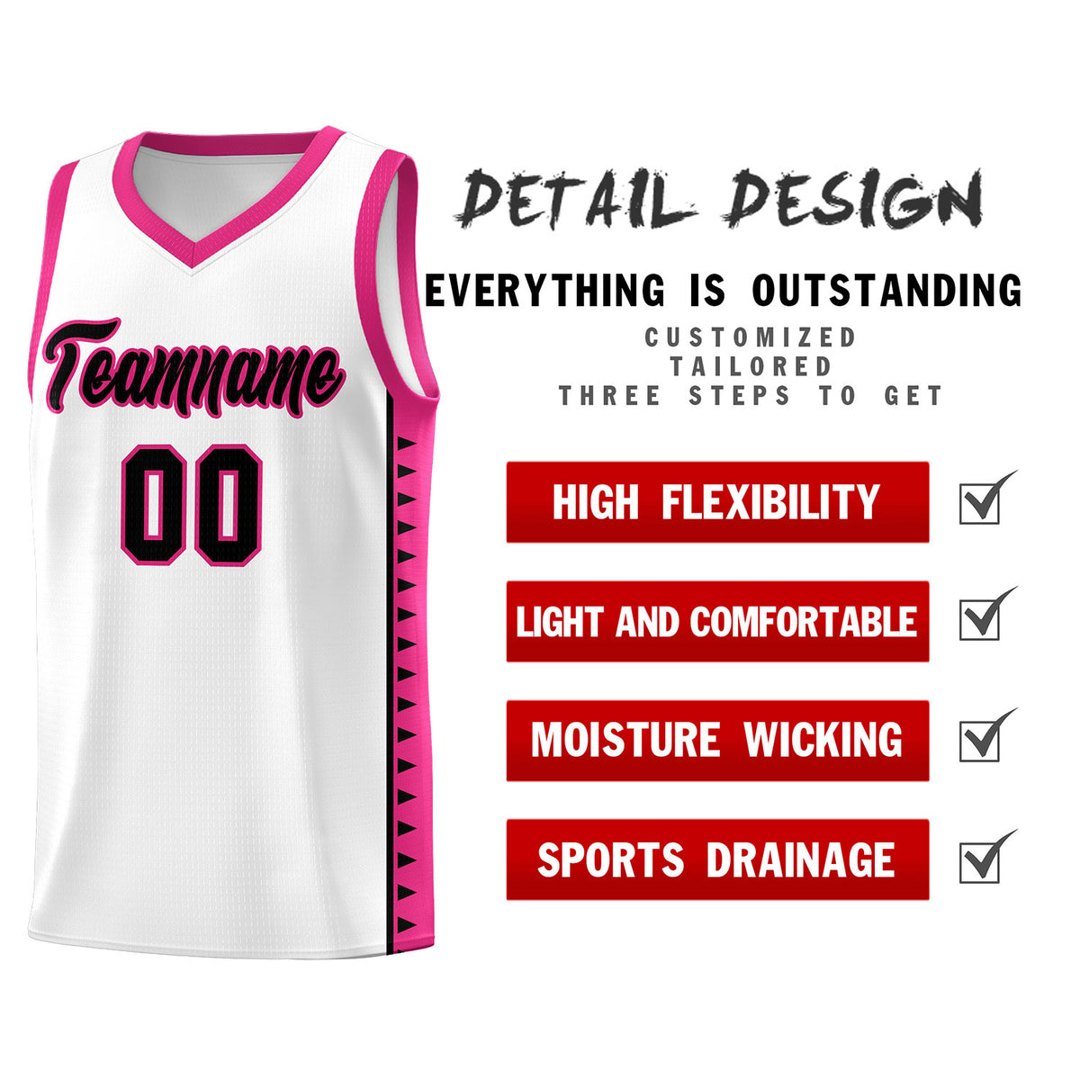Custom White Rose Red Basketball Kits With Side Zigzag Pattern