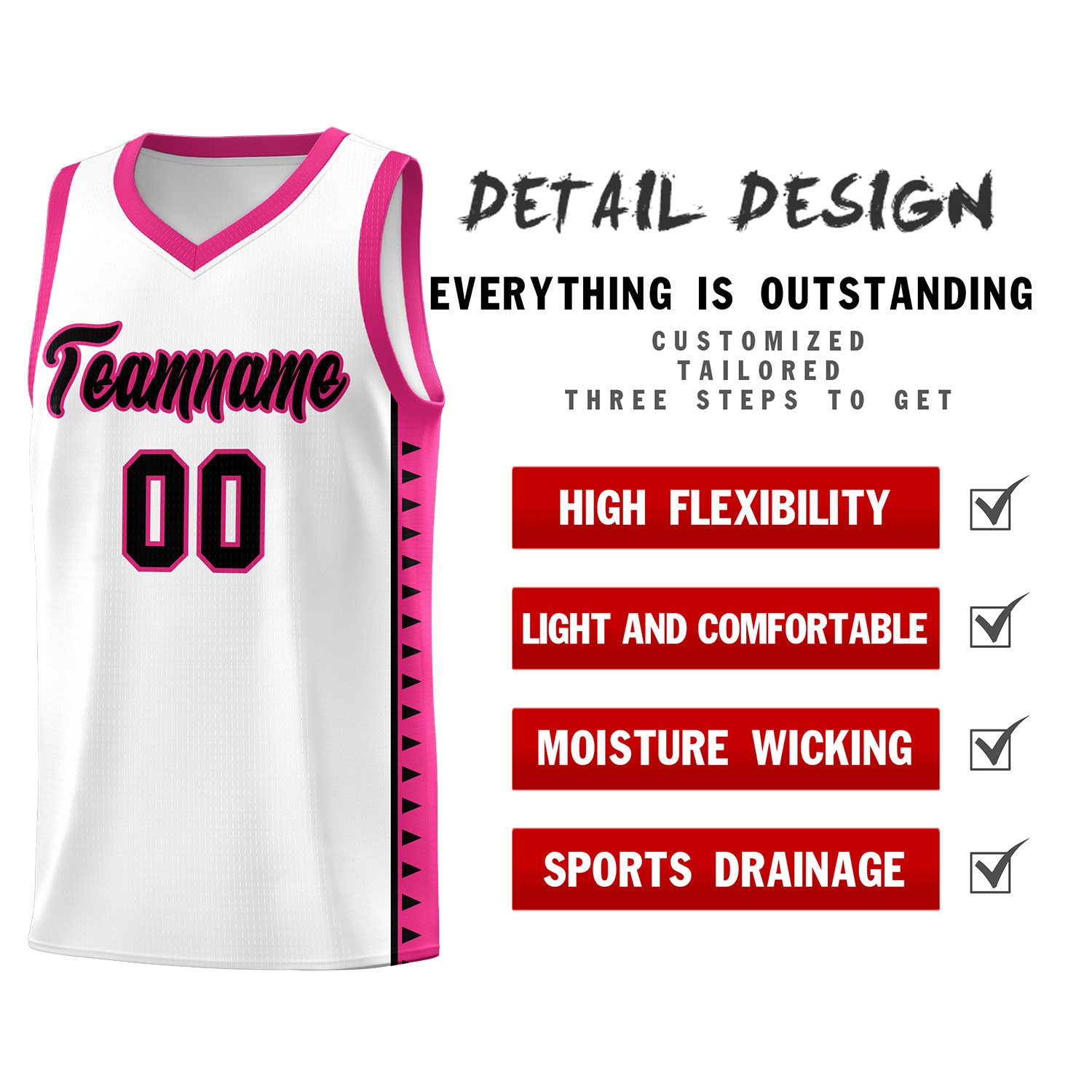 Custom White Rose Red Basketball Kits With Side Zigzag Pattern
