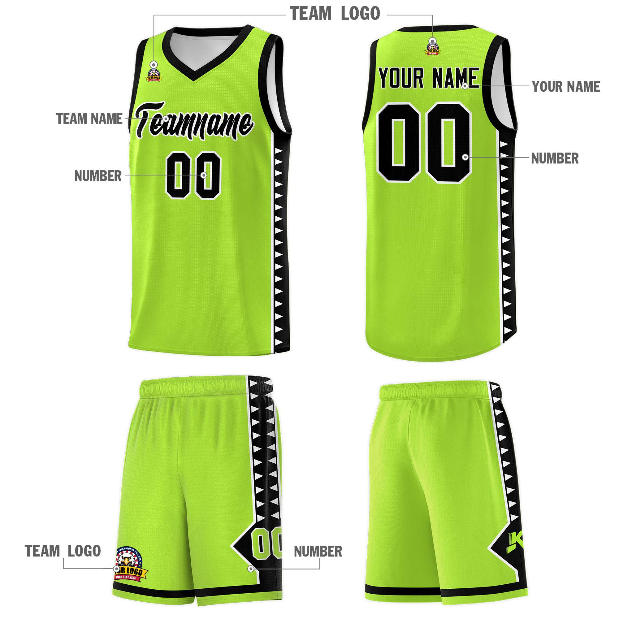 Custom Neon Green Black Basketball Kits With Side Zigzag Pattern