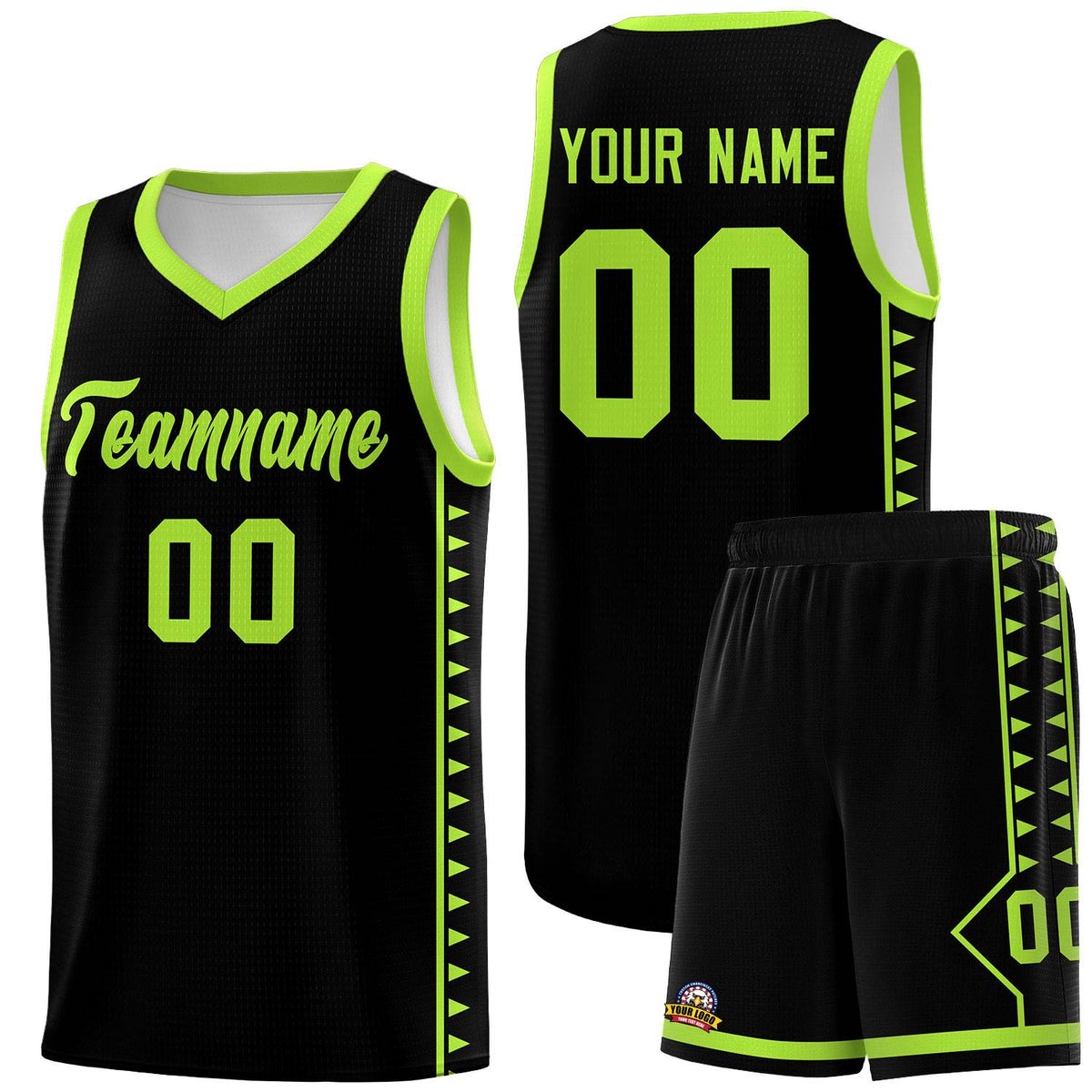 Custom Black Neon Green Basketball Kits With Side Zigzag Pattern