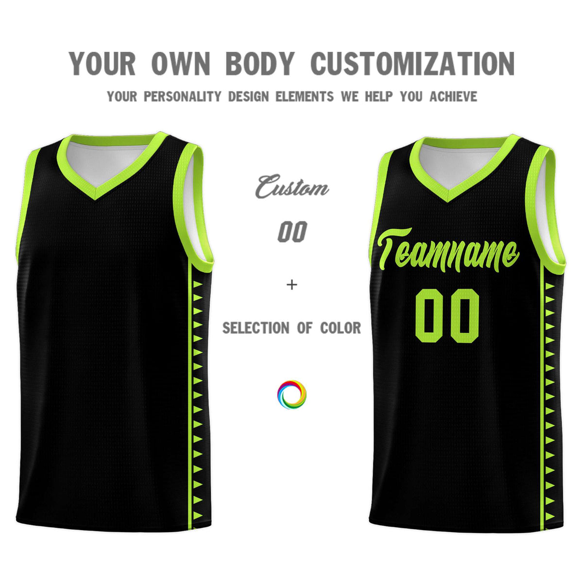 Custom Black Neon Green Basketball Kits With Side Zigzag Pattern