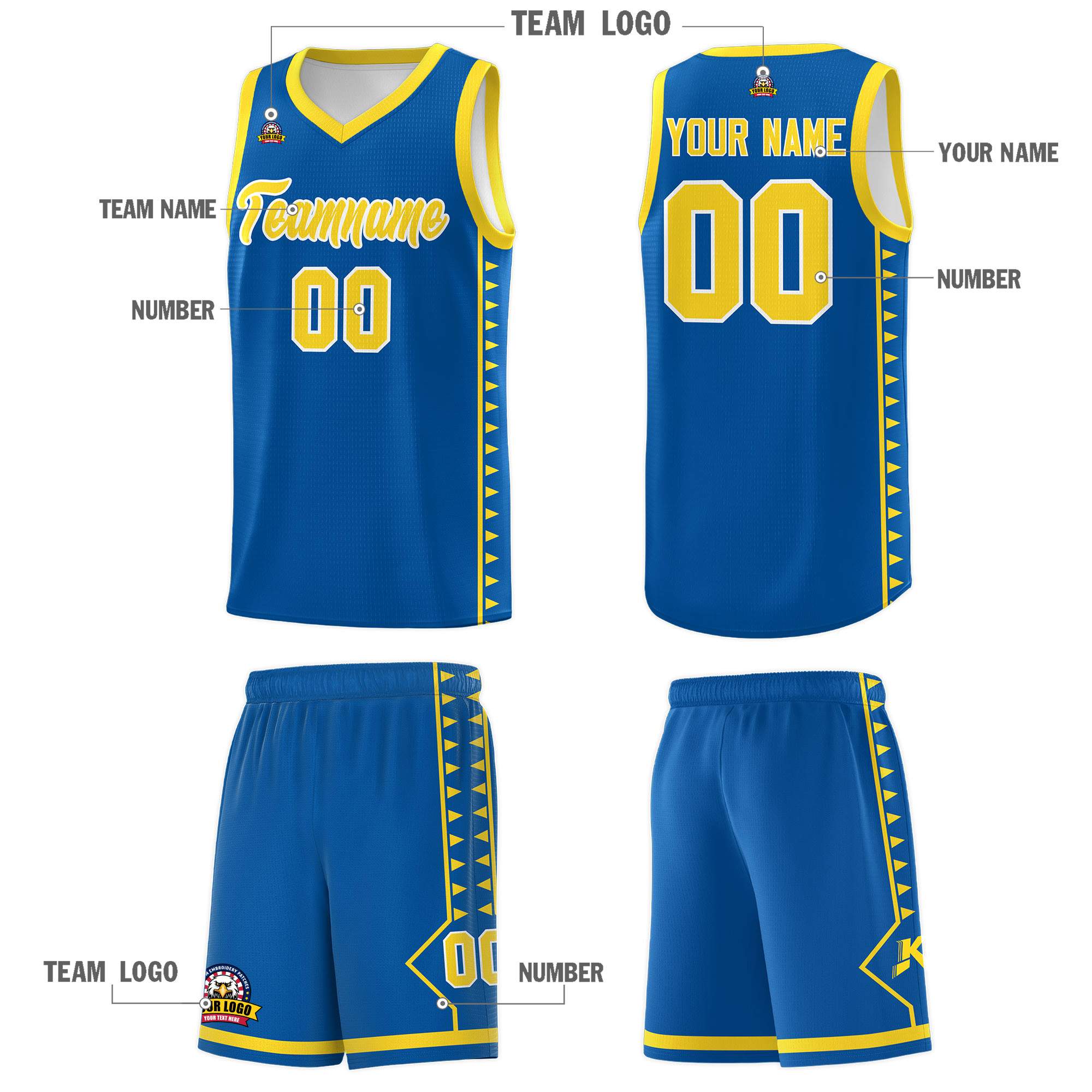 Custom Royal Gold Basketball Kits With Side Zigzag Pattern