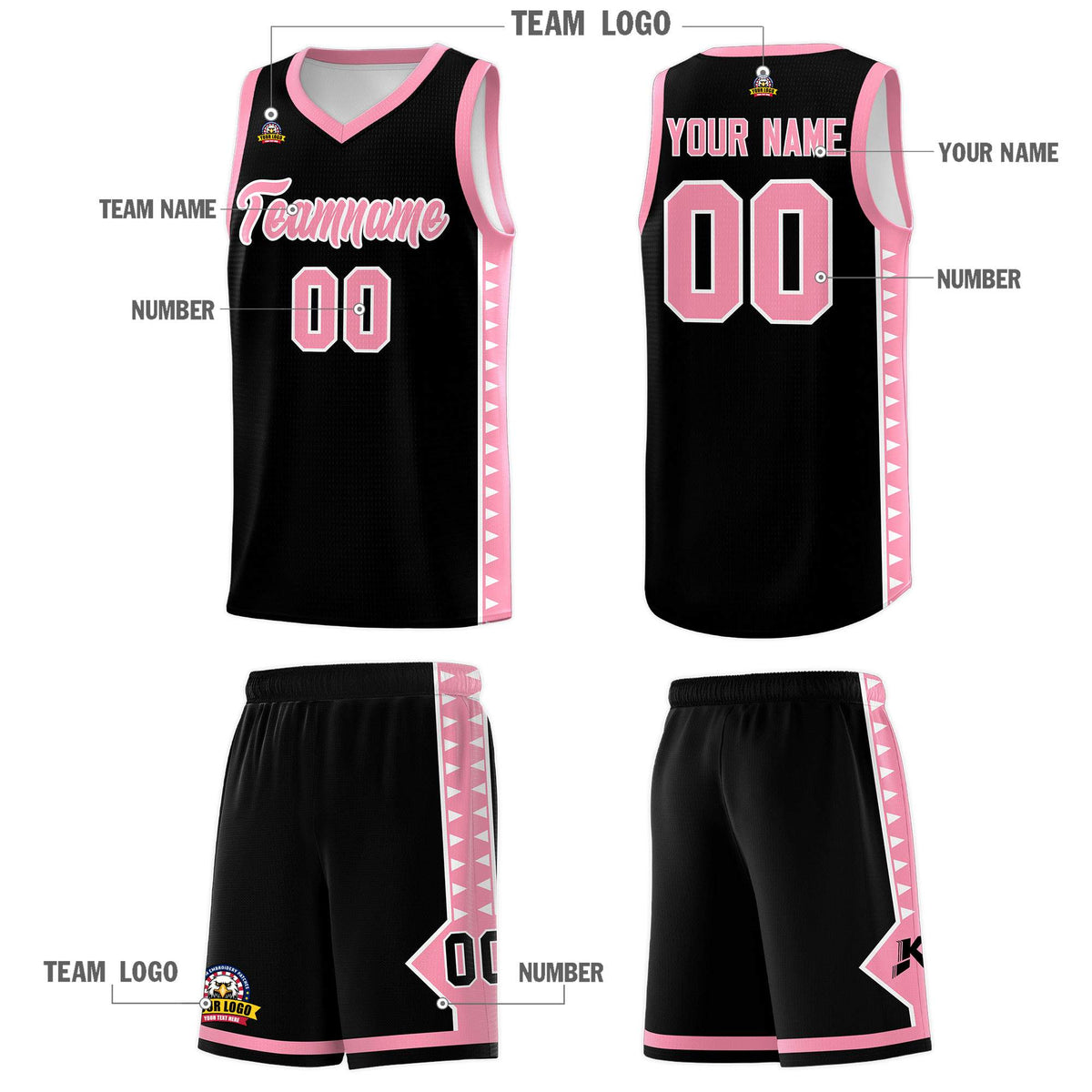 Custom Black Light Pink Basketball Kits With Side Zigzag Pattern