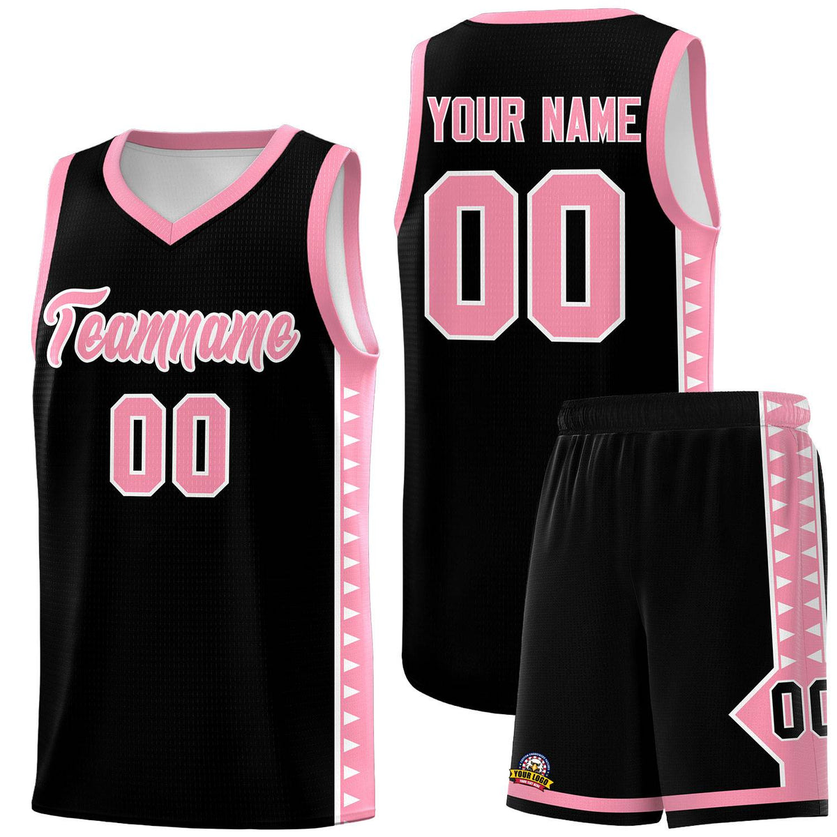 Custom Black Light Pink Basketball Kits With Side Zigzag Pattern