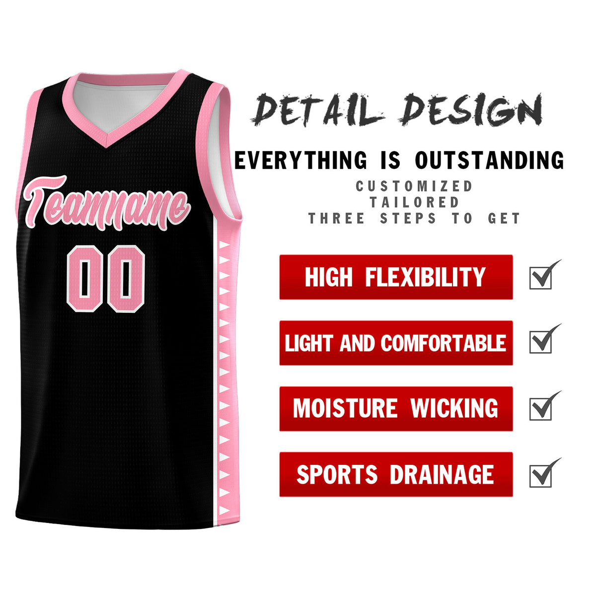 Custom Black Light Pink Basketball Kits With Side Zigzag Pattern