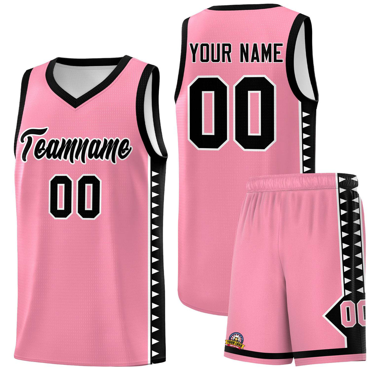 Custom Light Pink Black Basketball Kits With Side Zigzag Pattern