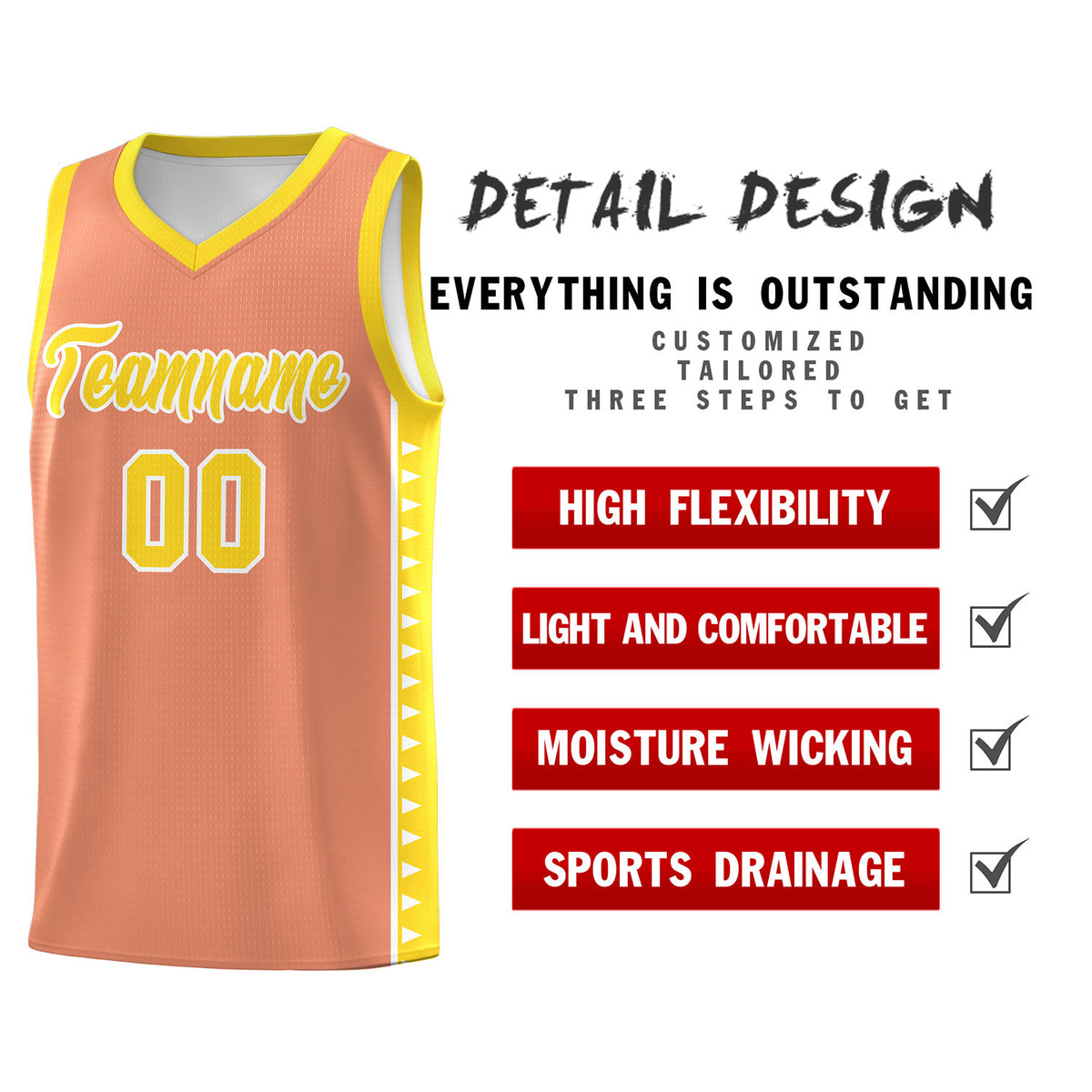 Custom Light Orange Gold Basketball Kits With Side Zigzag Pattern