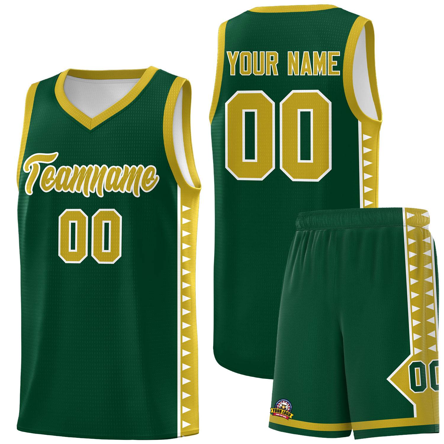 Custom Green Old Gold Basketball Kits With Side Zigzag Pattern
