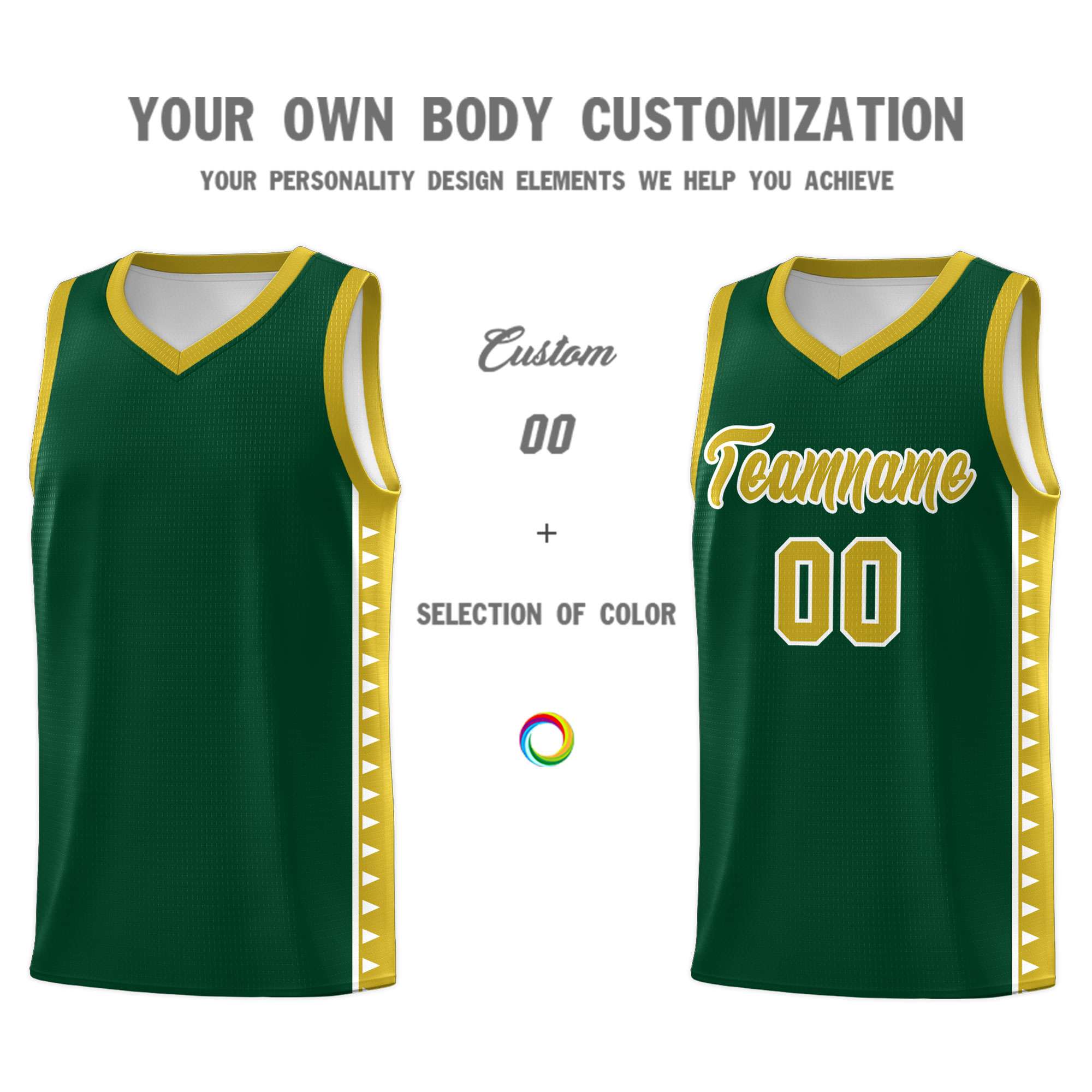 Custom Green Old Gold Basketball Kits With Side Zigzag Pattern