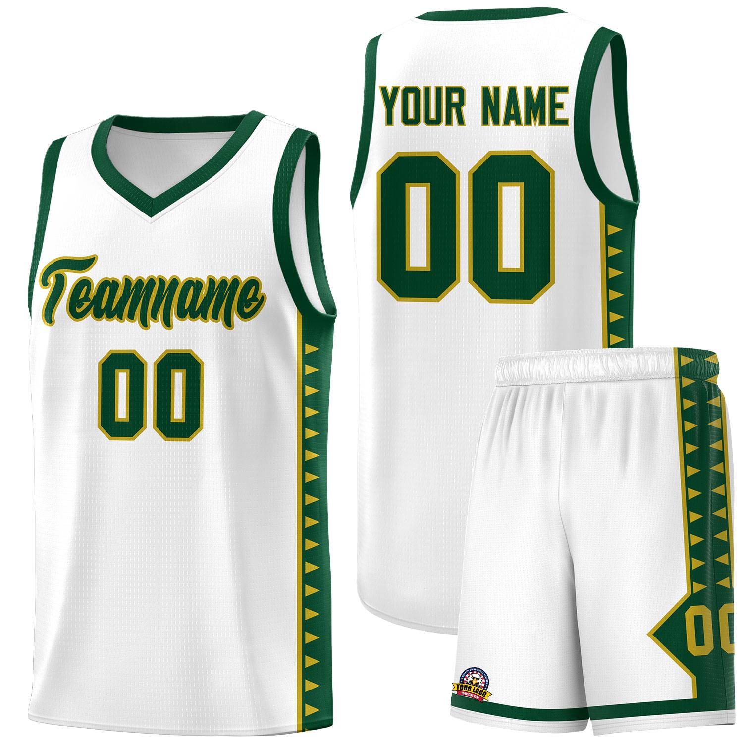 Custom White Green Basketball Kits With Side Zigzag Pattern