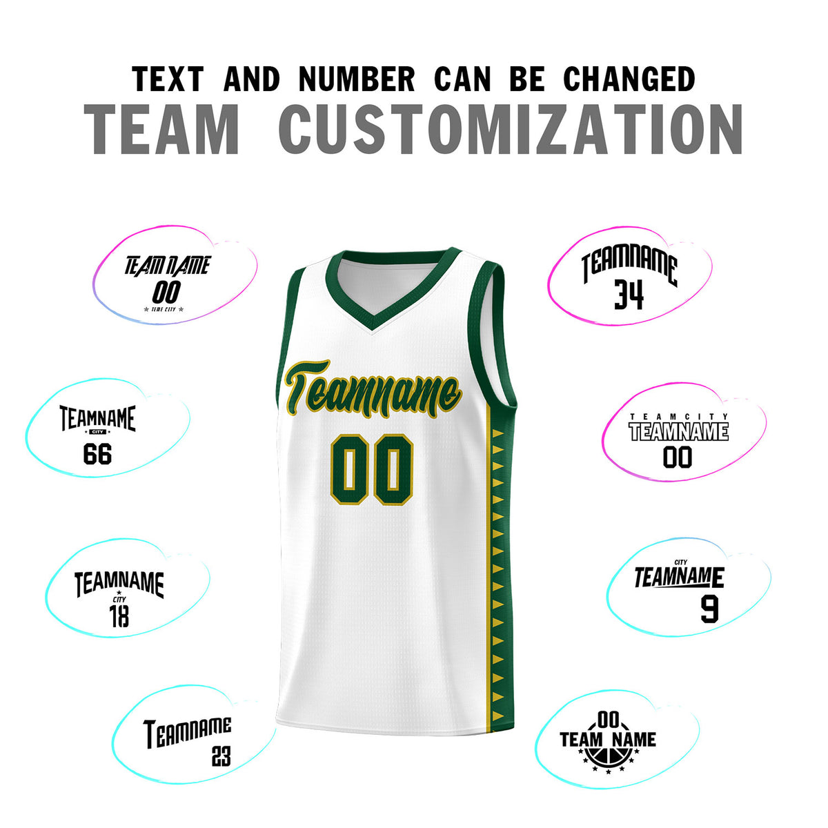 Custom White Green Basketball Kits With Side Zigzag Pattern