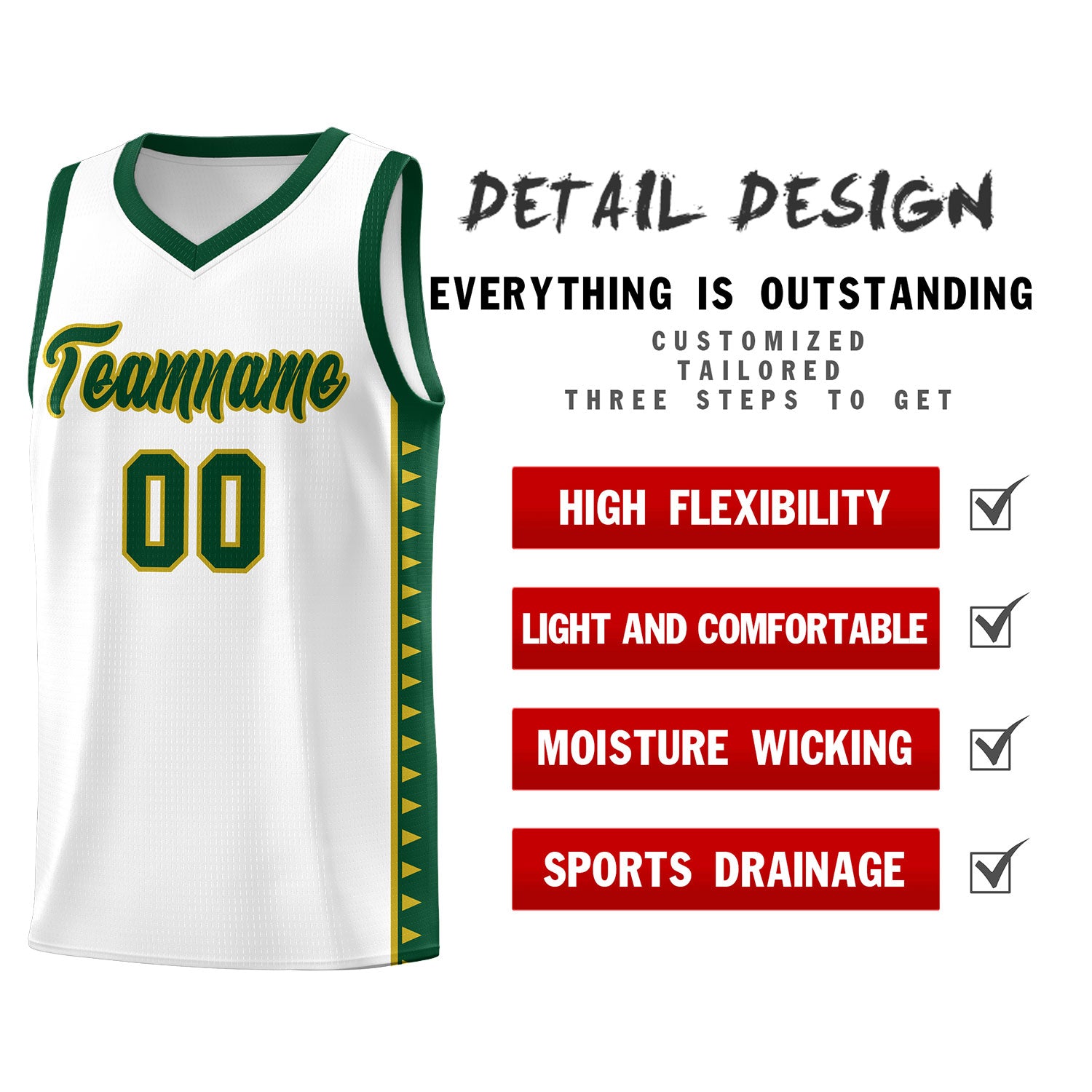 Custom White Green Basketball Kits With Side Zigzag Pattern