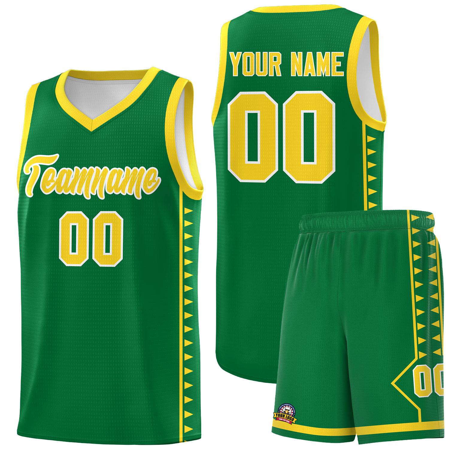Custom Kelly Green Gold Basketball Kits With Side Zigzag Pattern