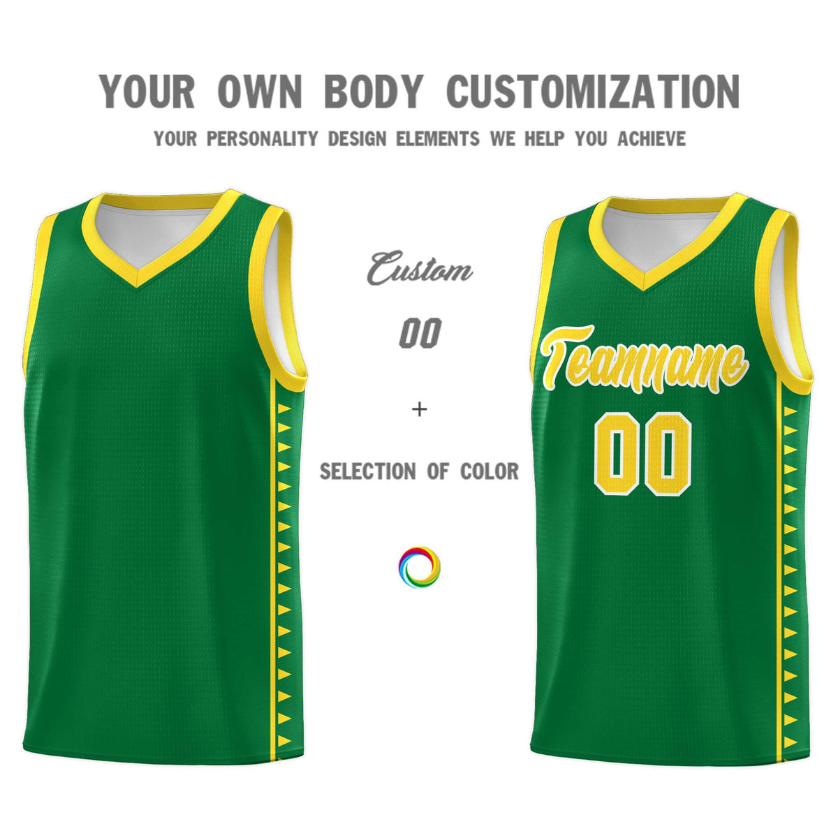 Custom Kelly Green Gold Basketball Kits With Side Zigzag Pattern