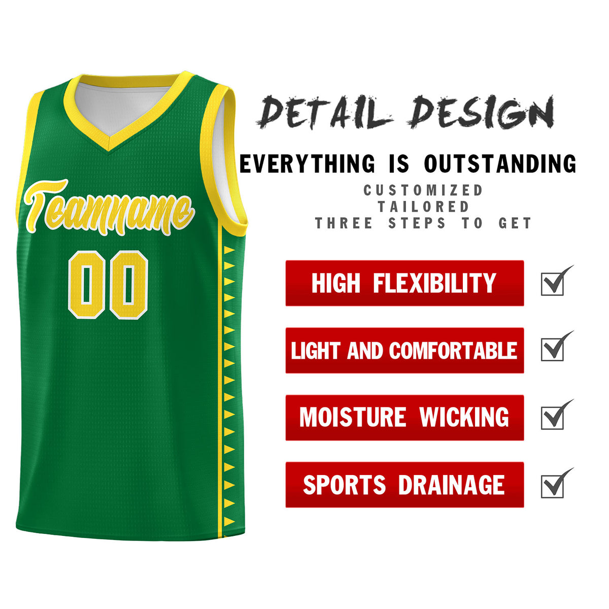 Custom Kelly Green Gold Basketball Kits With Side Zigzag Pattern