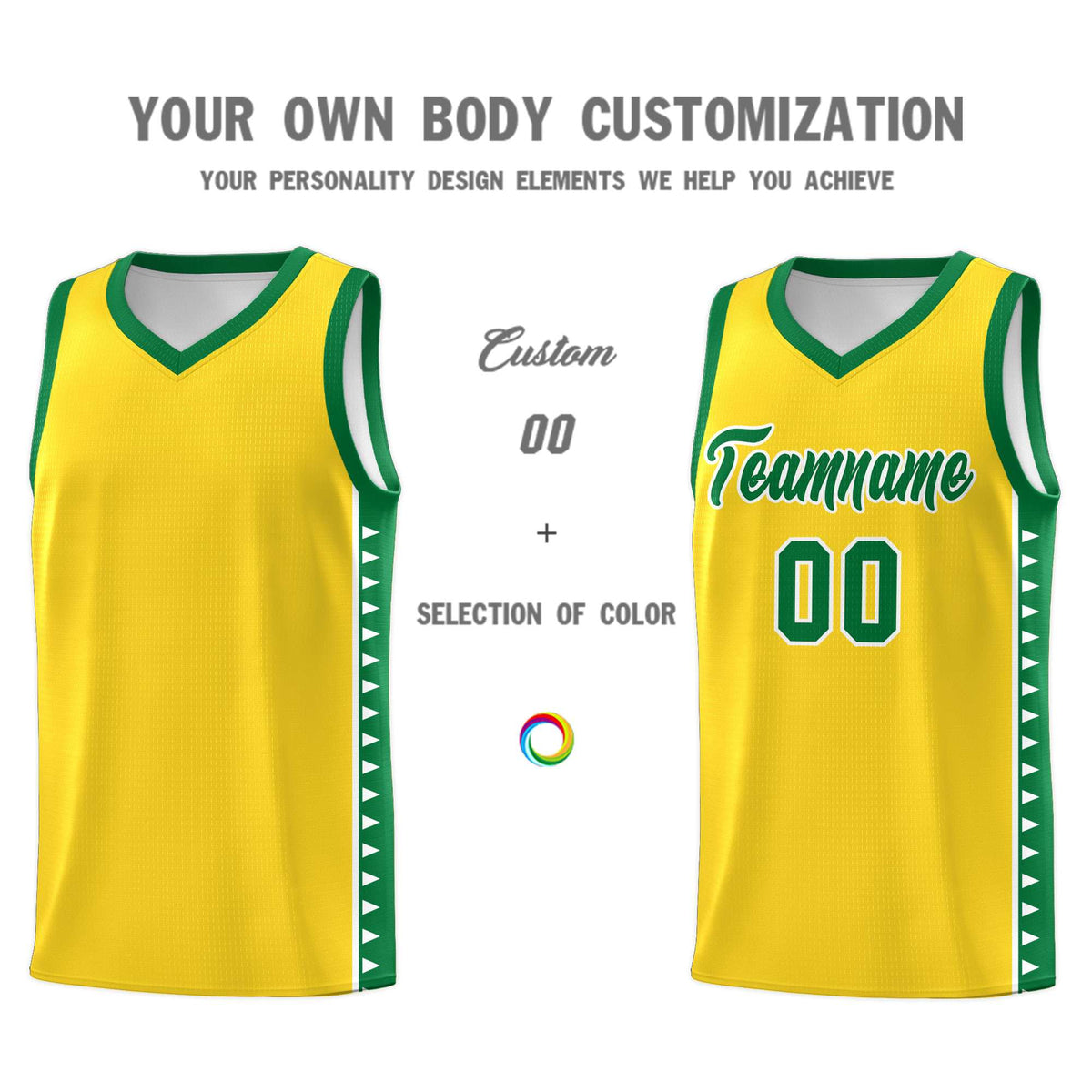Custom Gold Kelly Green Basketball Kits With Side Zigzag Pattern