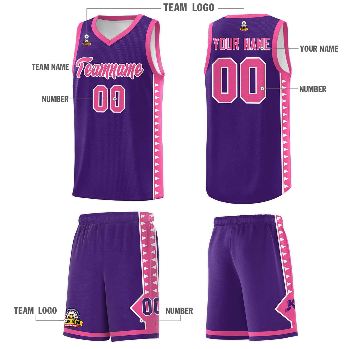 Custom Purple Pink Basketball Kits With Side Zigzag Pattern