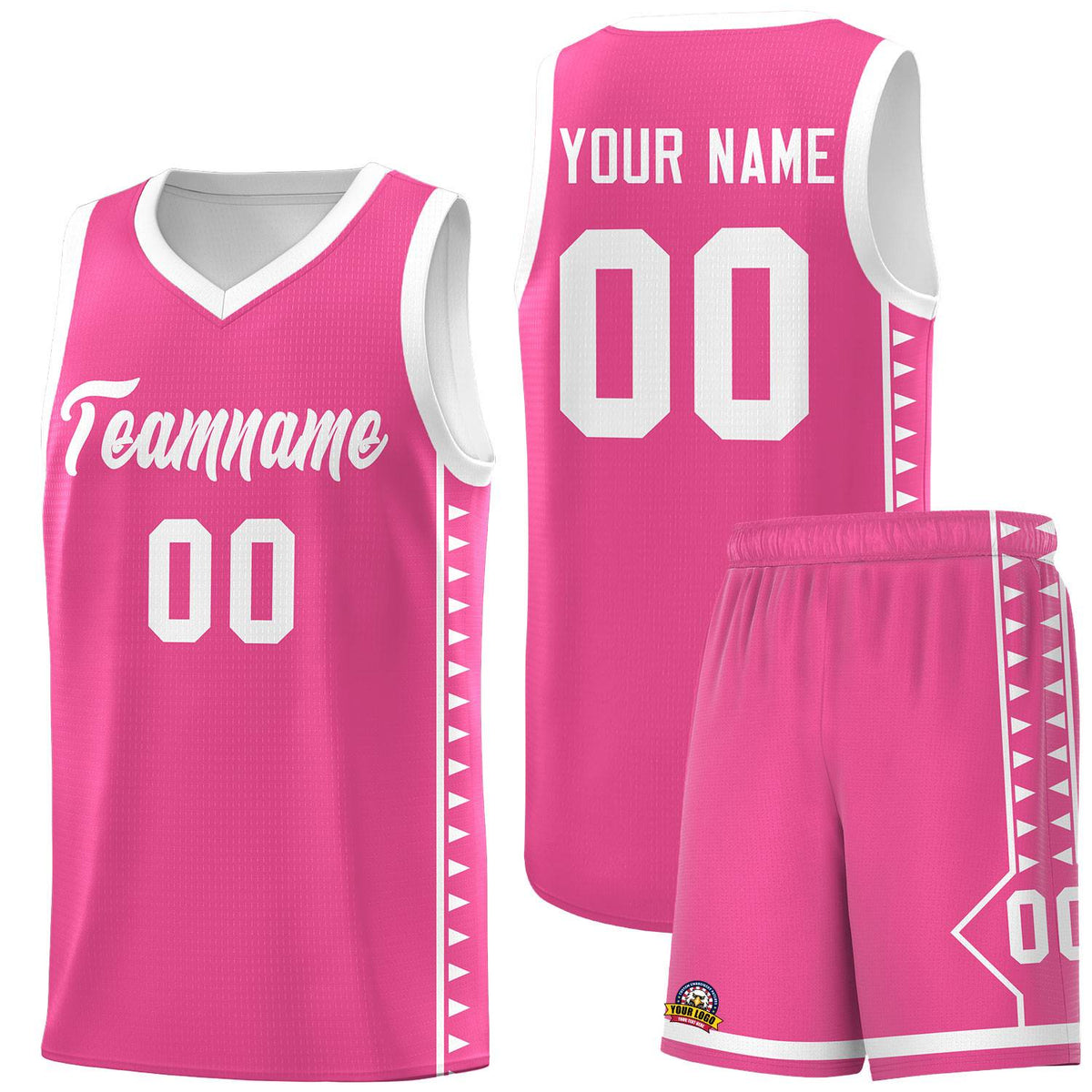 Custom Pink White Basketball Kits With Side Zigzag Pattern