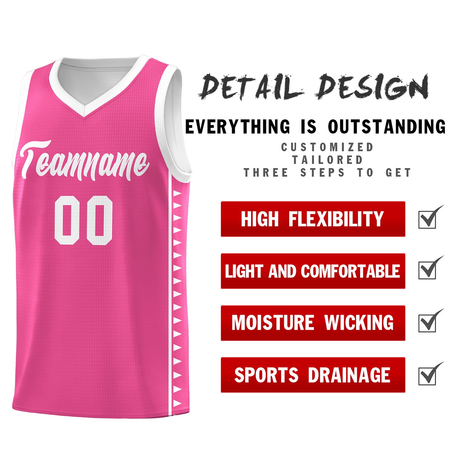Custom Pink White Basketball Kits With Side Zigzag Pattern