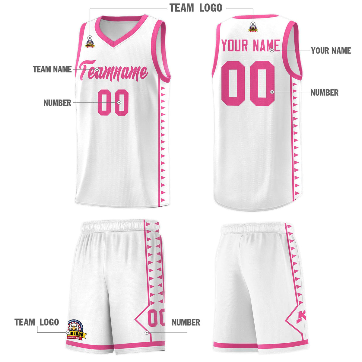 Custom White Pink Basketball Kits With Side Zigzag Pattern