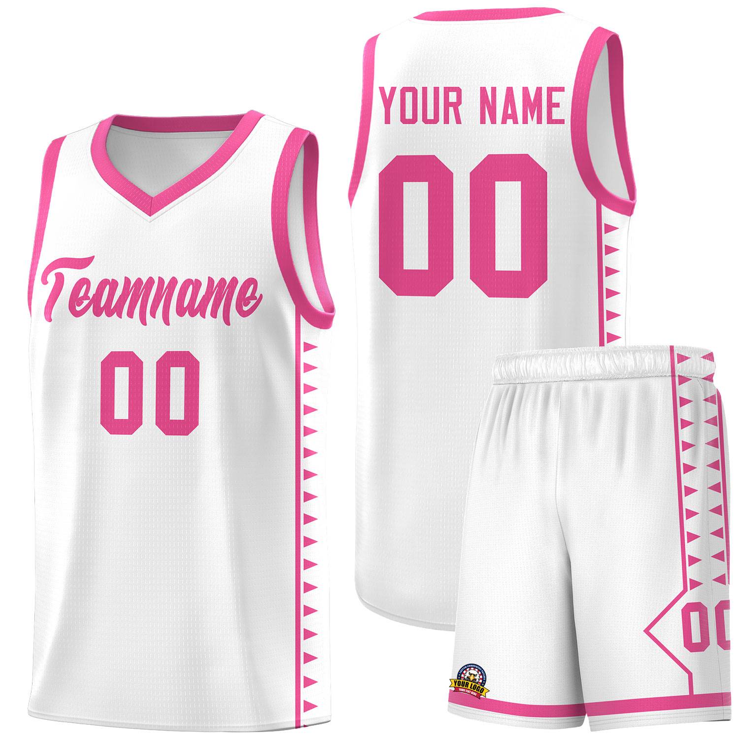 Custom White Pink Basketball Kits With Side Zigzag Pattern