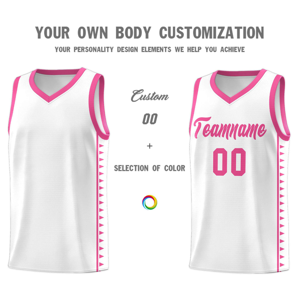 Custom White Pink Basketball Kits With Side Zigzag Pattern