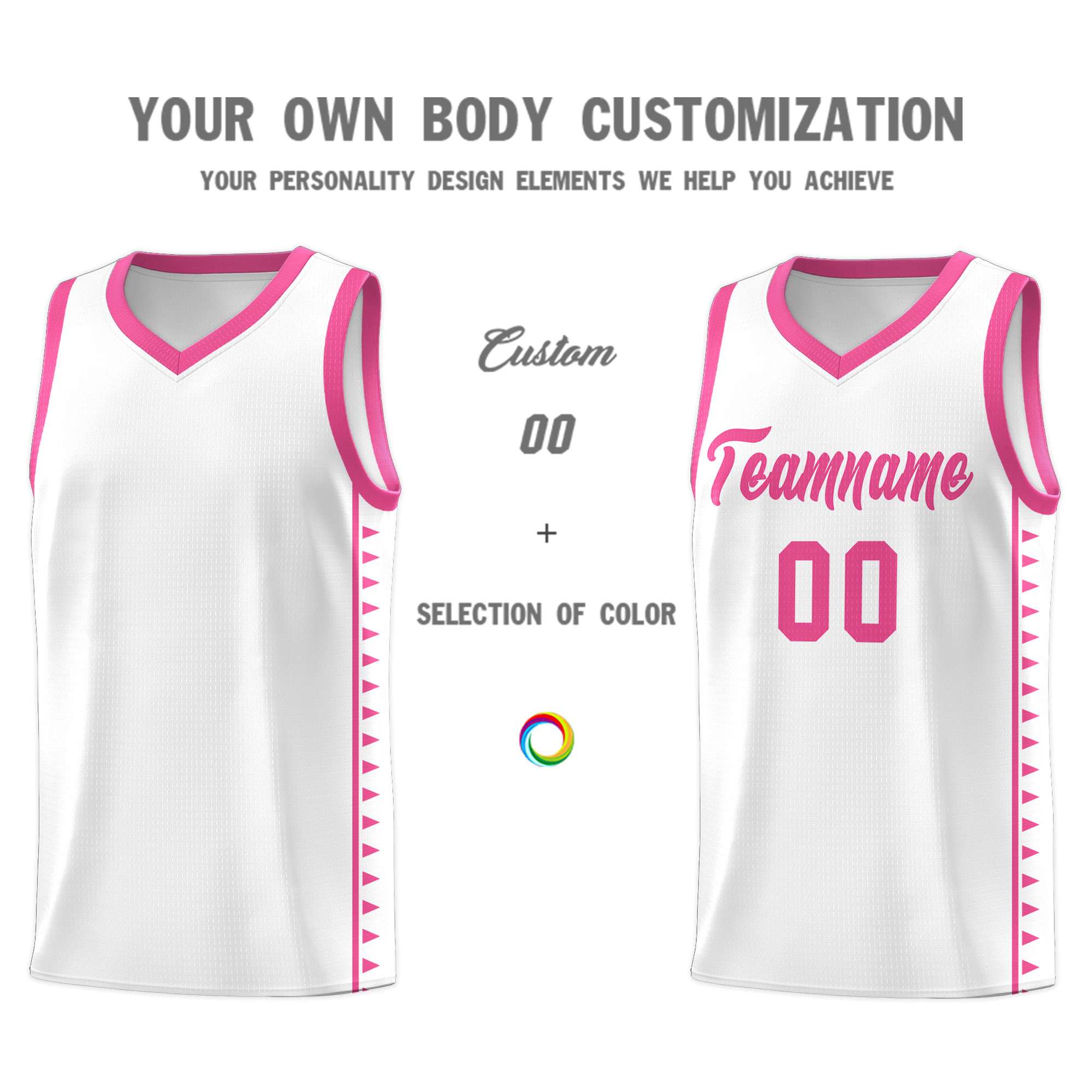 Custom White Pink Basketball Kits With Side Zigzag Pattern