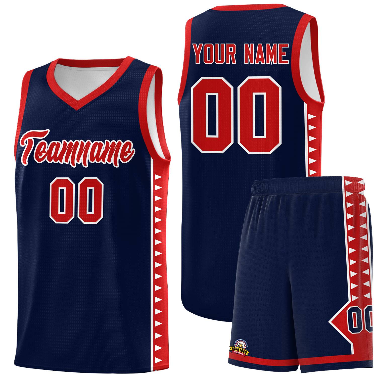 Custom Navy Red Basketball Kits With Side Zigzag Pattern