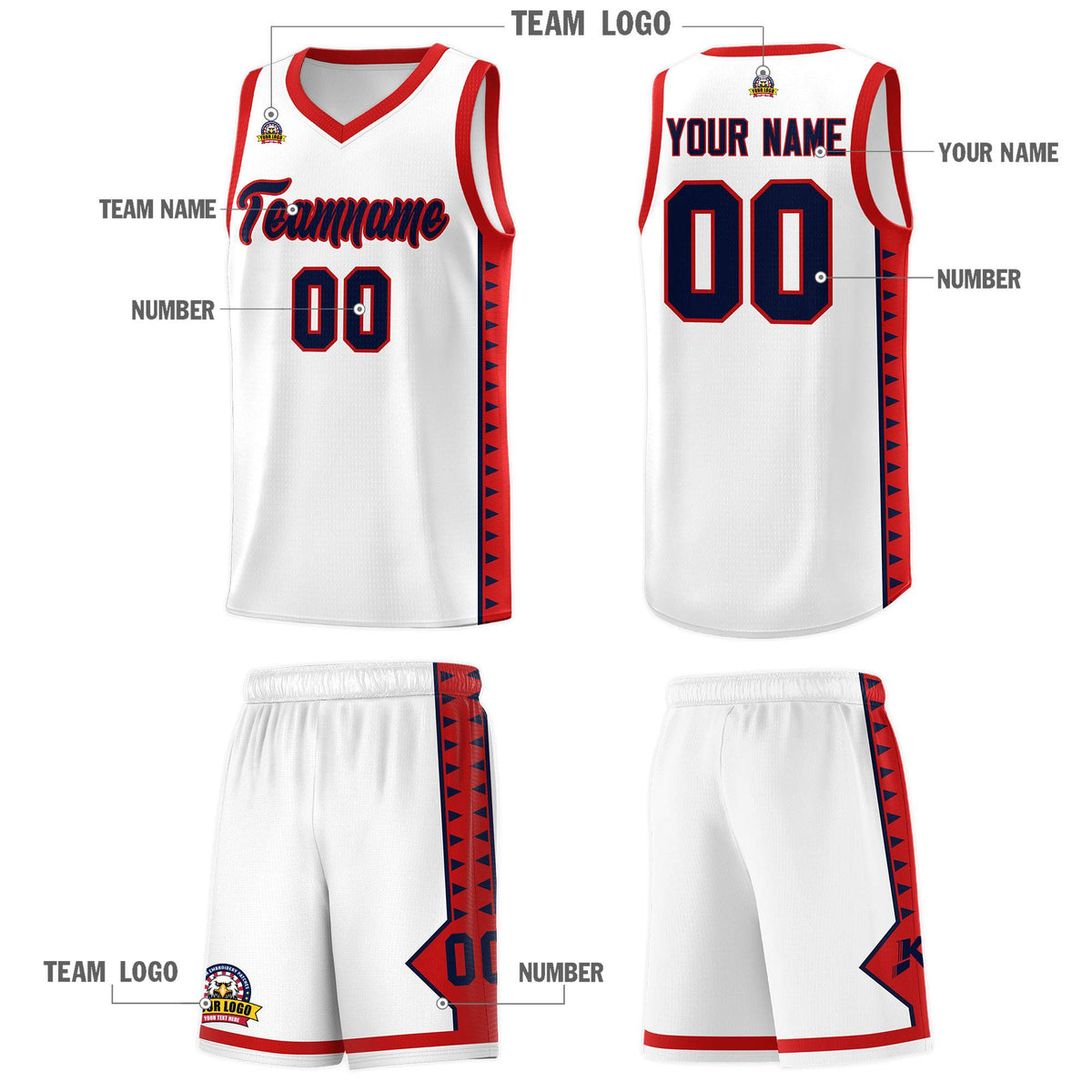 Custom White Red Basketball Kits With Side Zigzag Pattern