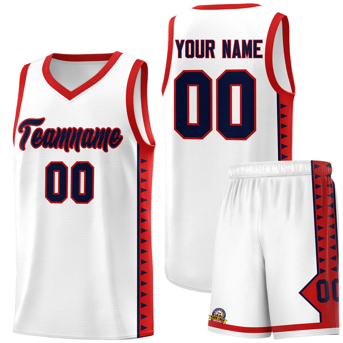 Custom White Red Basketball Kits With Side Zigzag Pattern