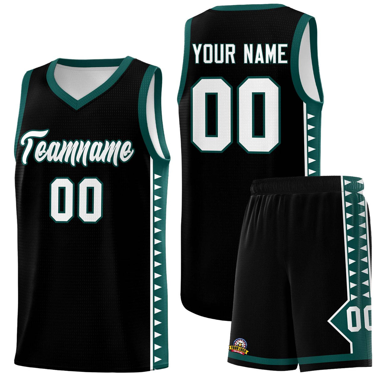 Custom Black Midnight Green Basketball Kits With Side Zigzag Pattern