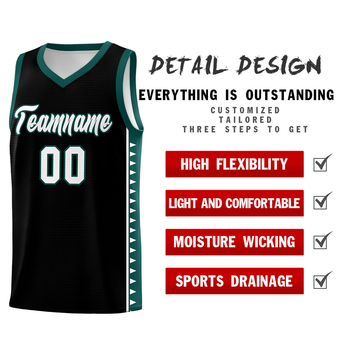 Custom Black Midnight Green Basketball Kits With Side Zigzag Pattern