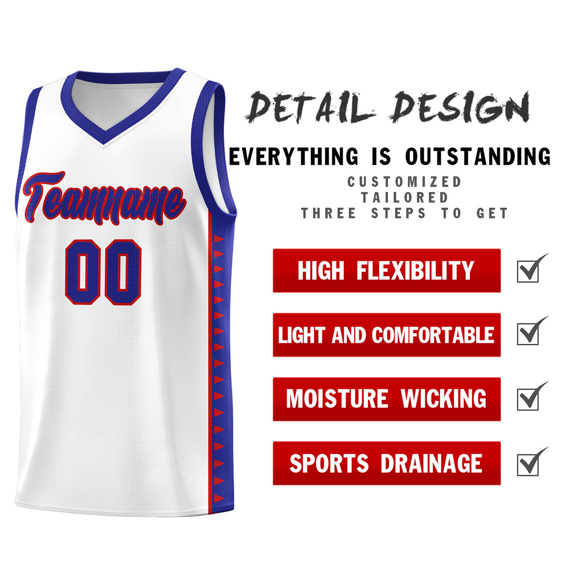 Custom White Royal Basketball Kits With Side Zigzag Pattern