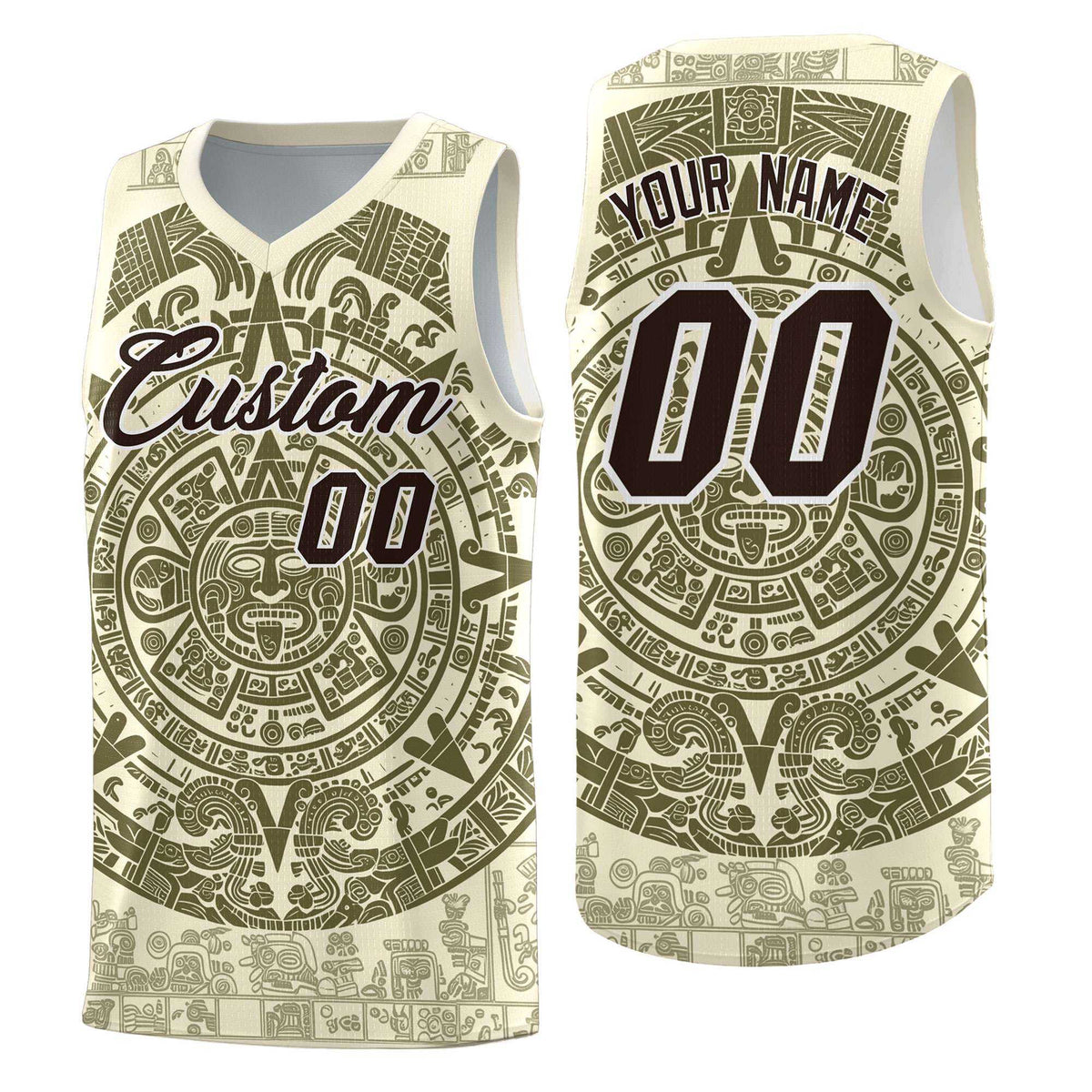 Custom Youth Basketball Jerseys Olive Aztec Sun Stone Personalized Uniform
