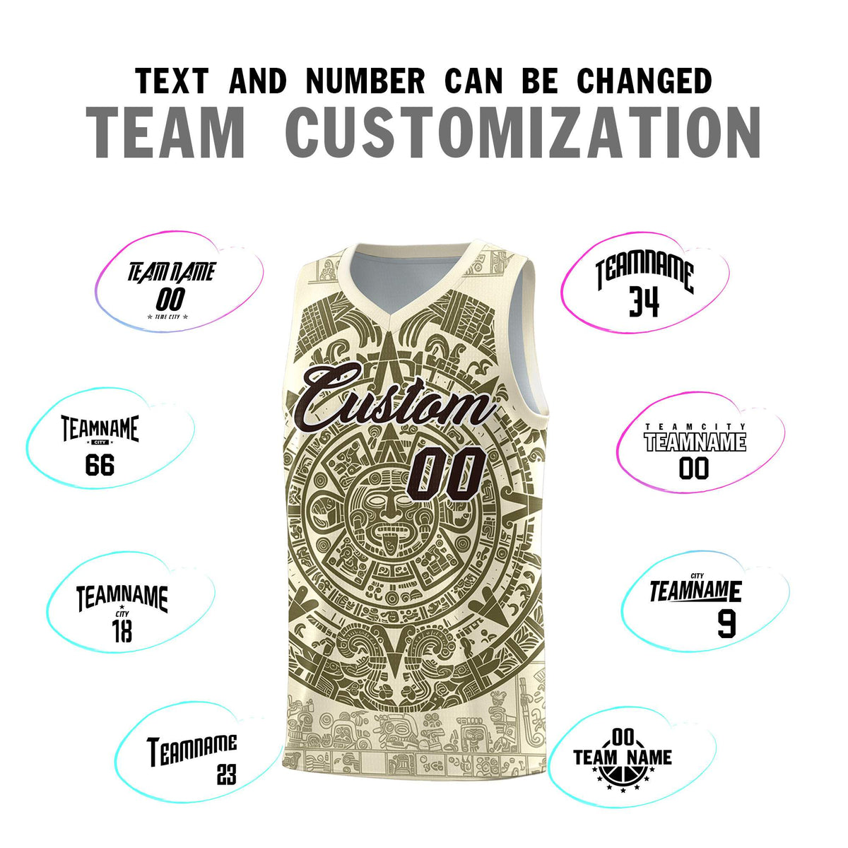Custom Youth Basketball Jerseys Olive Aztec Sun Stone Personalized Uniform