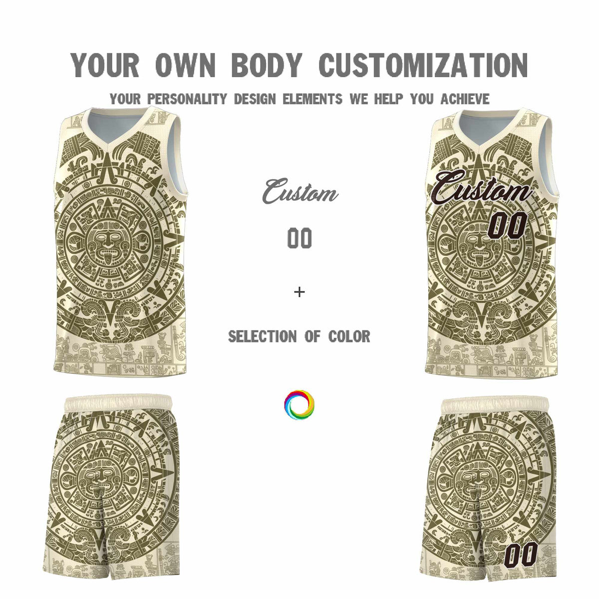 Custom Youth Basketball Jerseys Olive Aztec Sun Stone Personalized Uniform