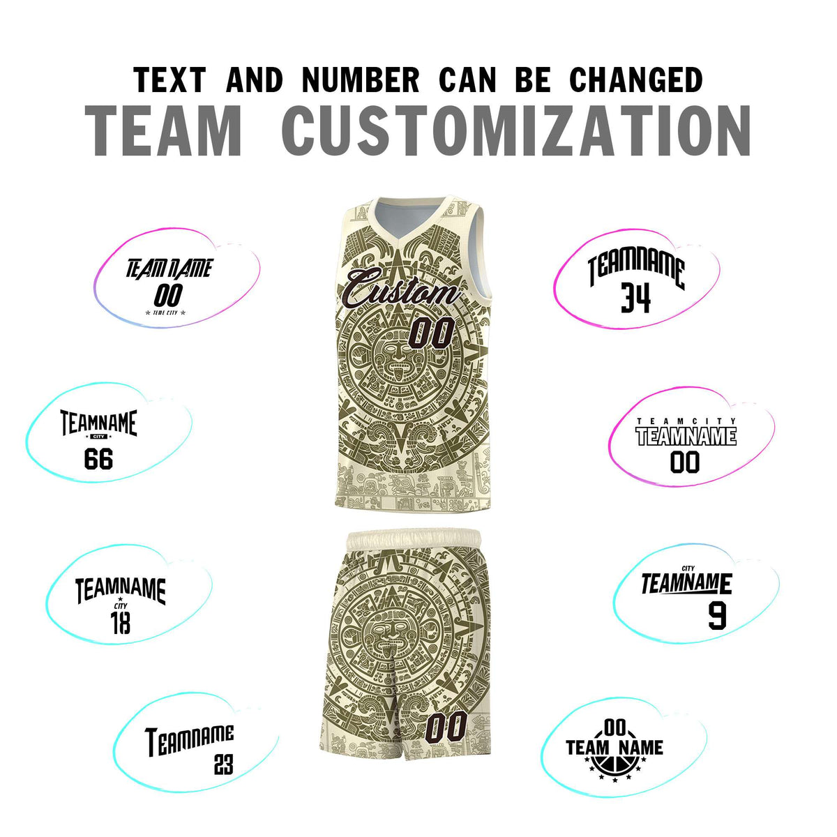Custom Youth Basketball Jerseys Olive Aztec Sun Stone Personalized Uniform