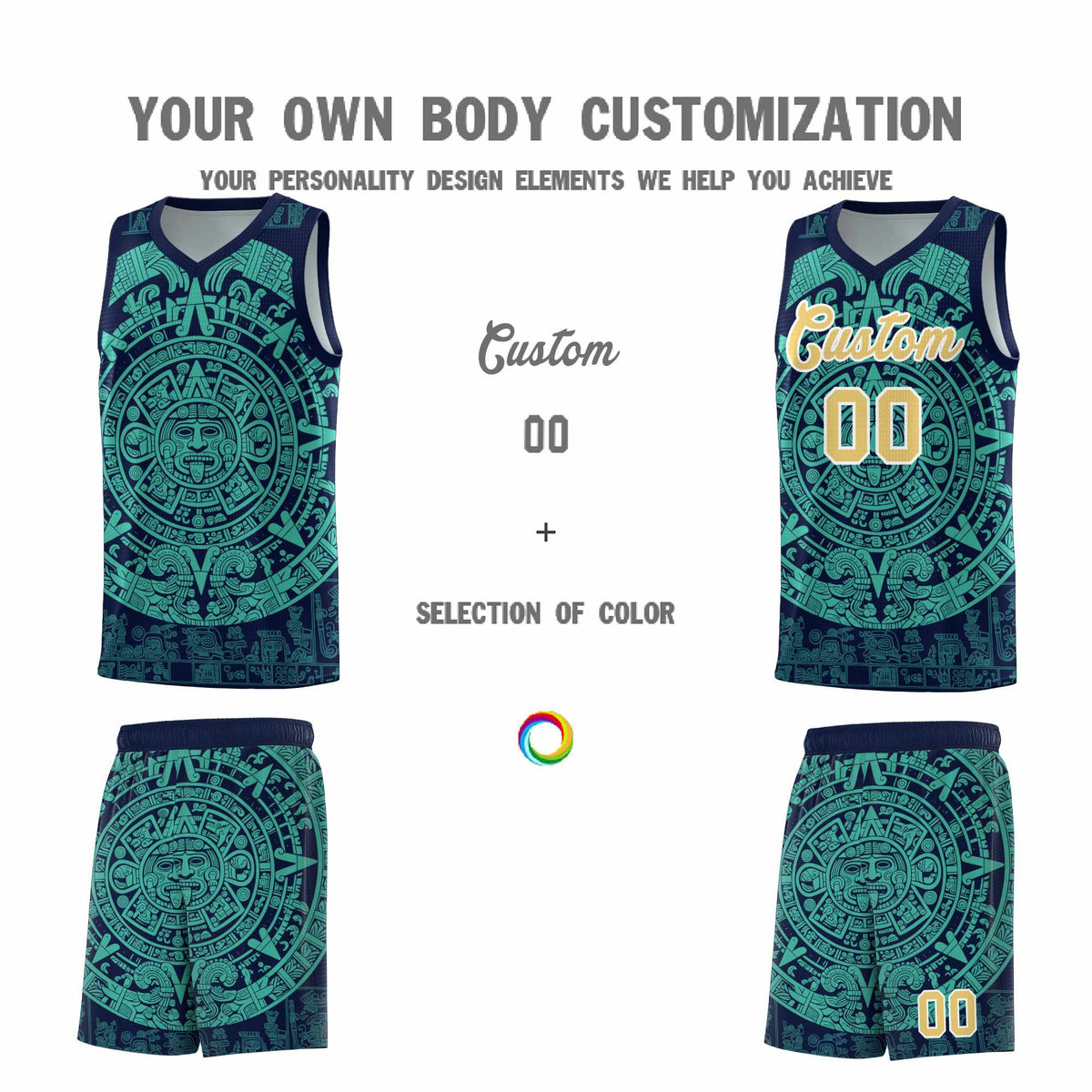Custom Youth Basketball Jerseys Aqua Aztec Sun Stone Personalized Uniform