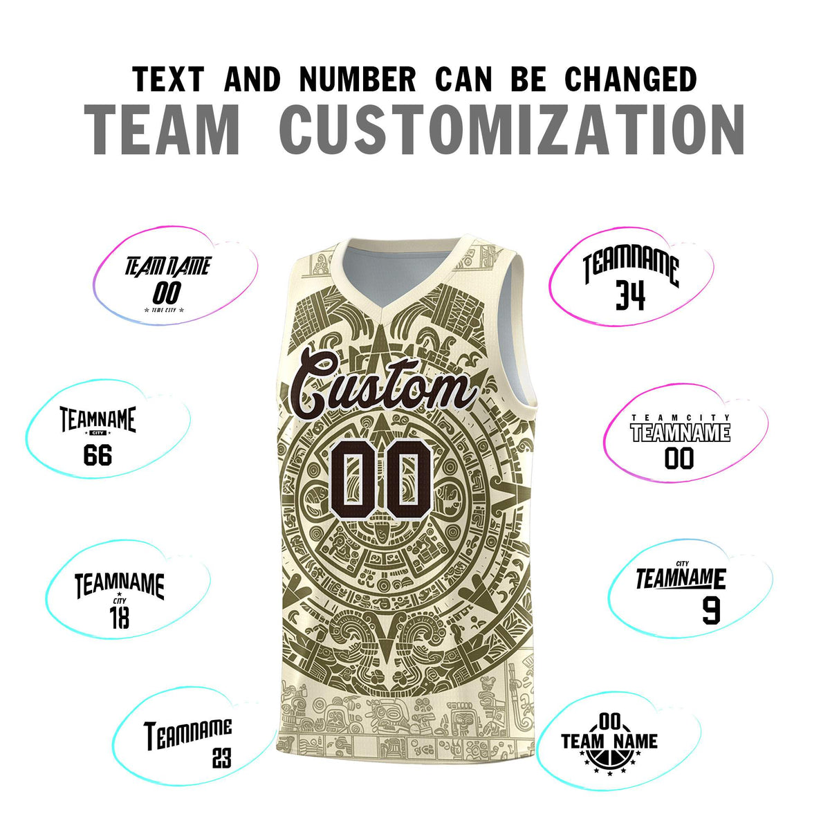 Custom Youth Basketball Jerseys Olive Aztec Sun Stone Personalized Uniform