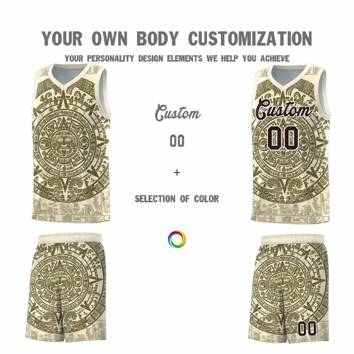 Custom Youth Basketball Jerseys Olive Aztec Sun Stone Personalized Uniform