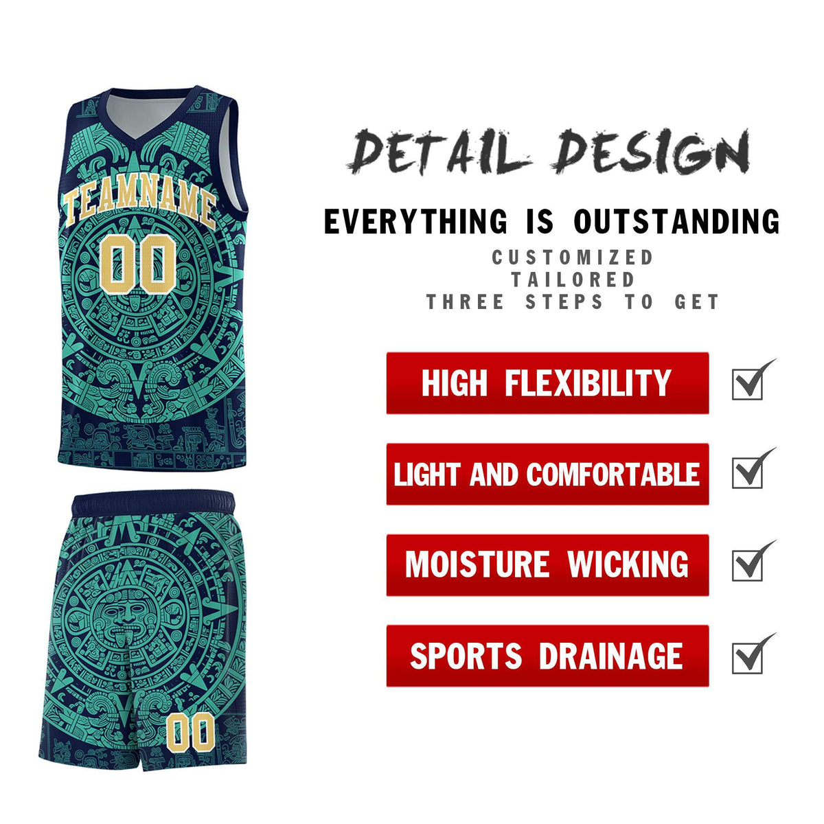 Custom Youth Basketball Jerseys Aqua Aztec Sun Stone Personalized Uniform